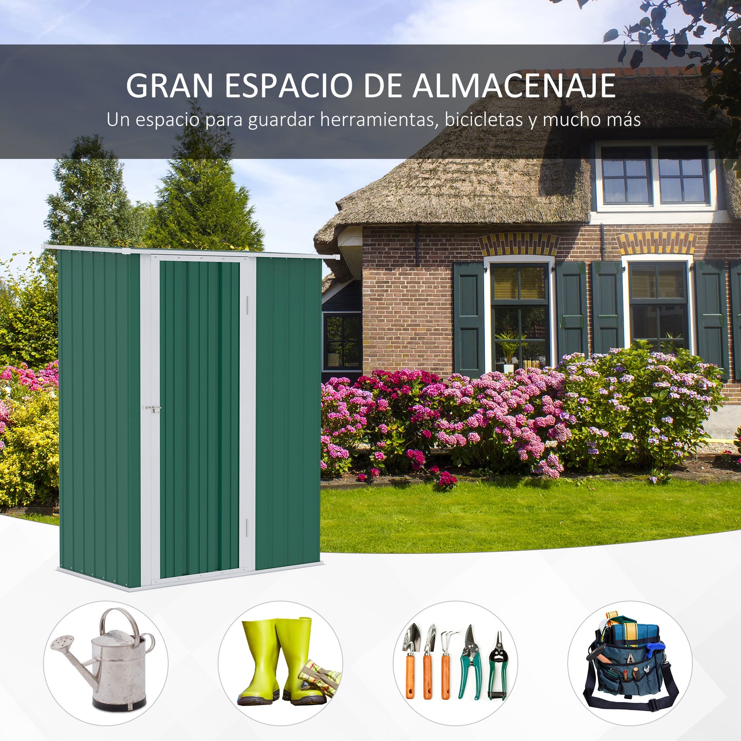 Outsunny Caseta de Jardín 1,07 m² 142x84x189 cm Cobertizo Exterior Metálico con Puerta Cerradura y Orificios de Drenaje para Almacenamiento de Herramientas Verde