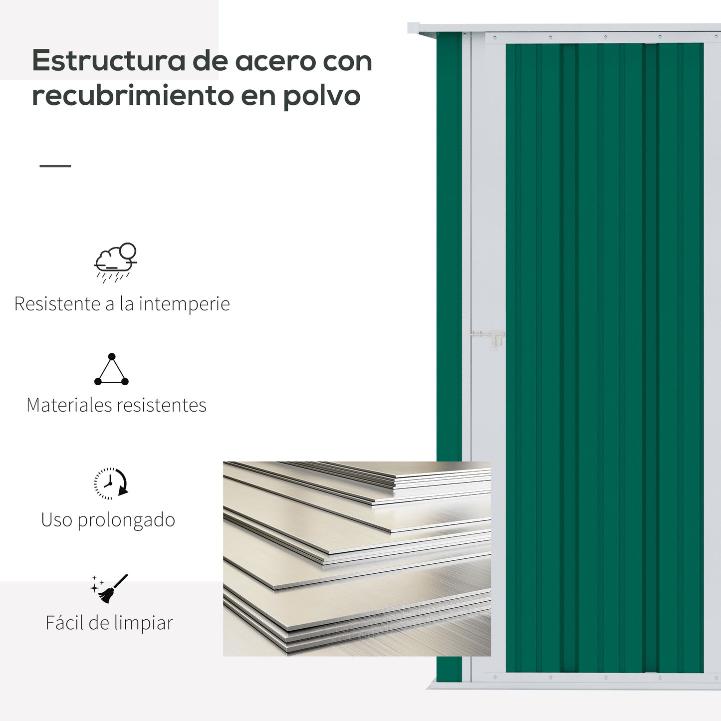 Outsunny Caseta de Jardín 1,07 m² 142x84x189 cm Cobertizo Exterior Metálico con Puerta Cerradura y Orificios de Drenaje para Almacenamiento de Herramientas Verde