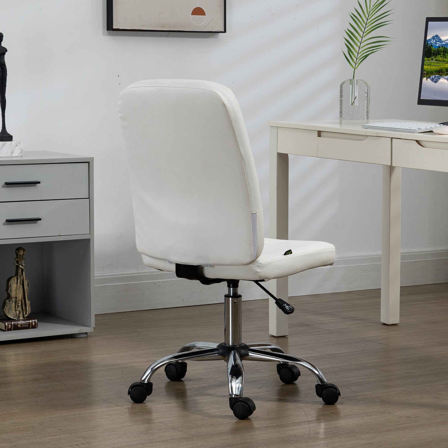 Vinsetto Silla de Oficina sin Brazos Silla de Escritorio Giratorio de Piel Sintética con Altura Ajustable Estilo Moderno Carga 120 kg 45x59x90-100 cm Blanco