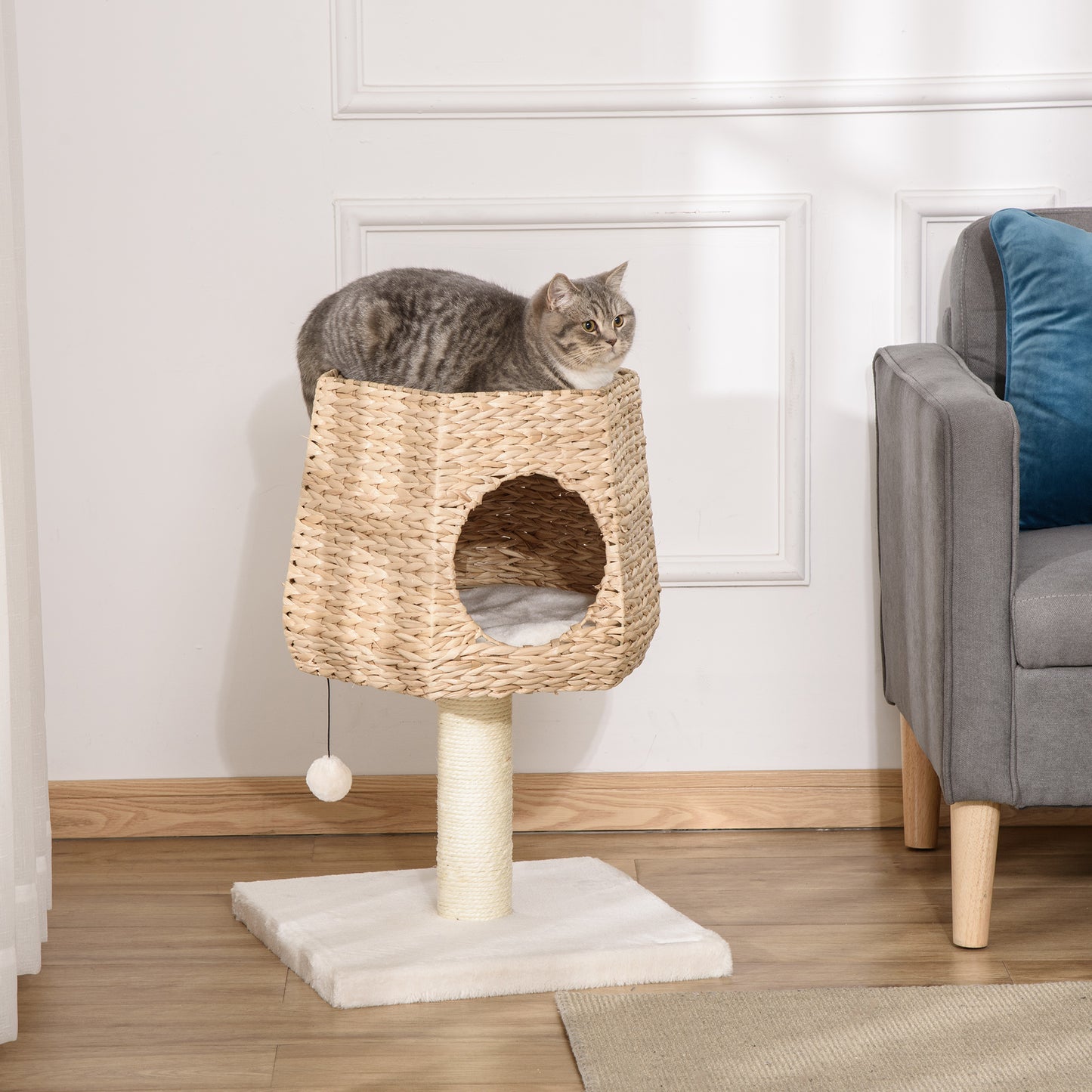 PawHut Árbol Rascador para Gatos Pequeño Altura 66 cm Torre Escalador de Gato con Cueva de Juncos Cama Superior Cojines Poste Rascador de Sisal y Bola Colgante Crema y Natural