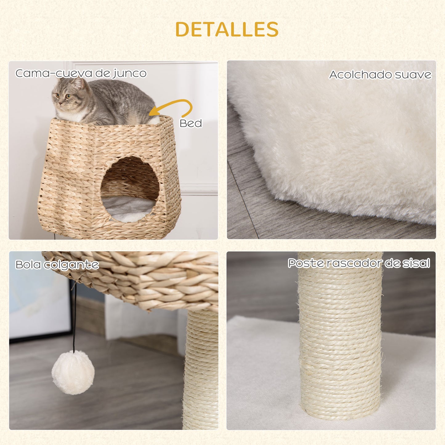 PawHut Árbol Rascador para Gatos Pequeño Altura 66 cm Torre Escalador de Gato con Cueva de Juncos Cama Superior Cojines Poste Rascador de Sisal y Bola Colgante Crema y Natural