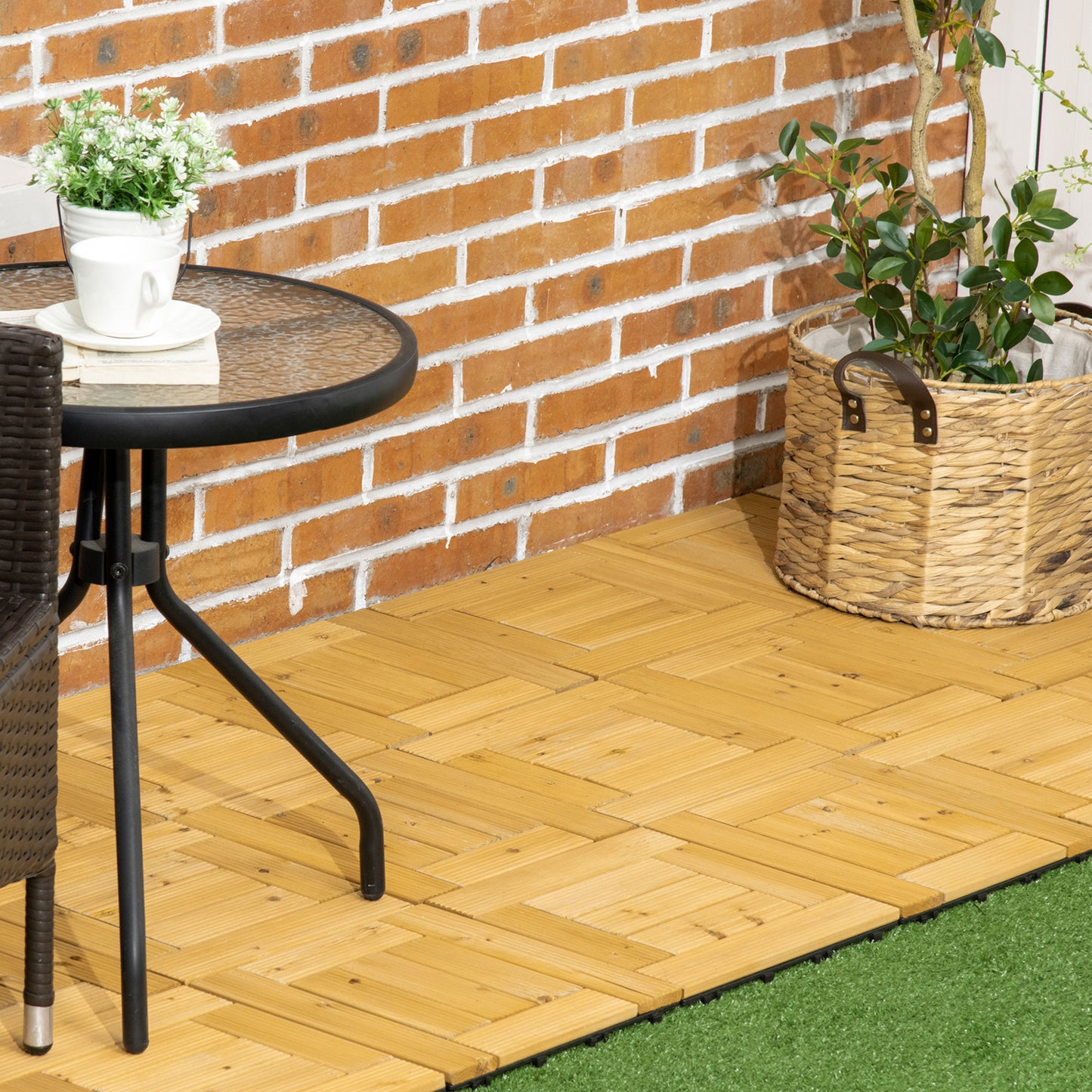 Outsunny Set de 27 Piezas Baldosas de Madera Baldosas para Exteriores 30x30 cm Área de 2,43 m² Losetas para Suelo con Sistema de Clic para Balcón Terraza Jardín Natural