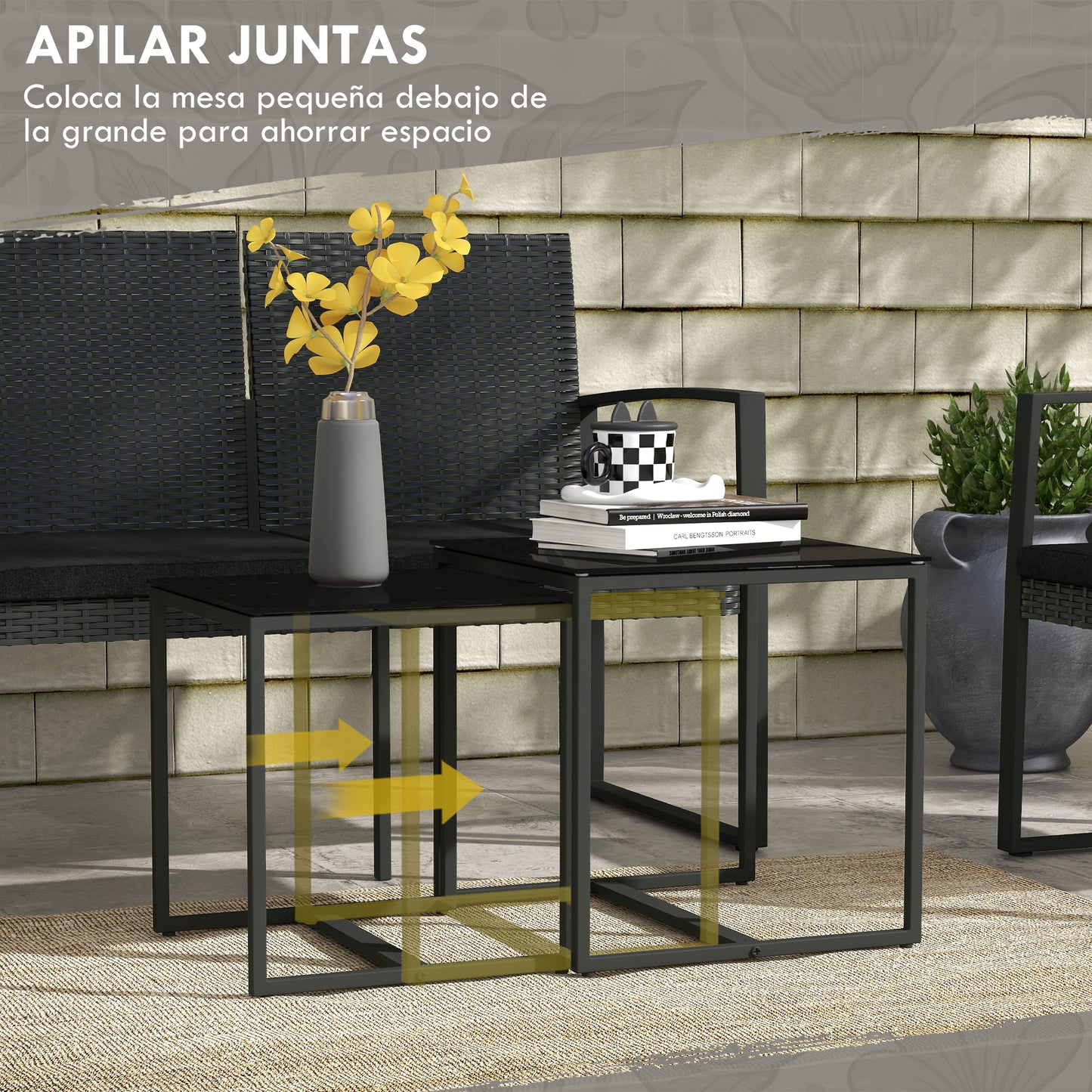 Outsunny Conjunto de Muebles de Jardín de Ratán Sintético Juego de Sofás Exterior de 5 Piezas con 2 Sofás Individuales 1 Sofá Doble y 2 Mesas de Centro para Patio Terraza Negro