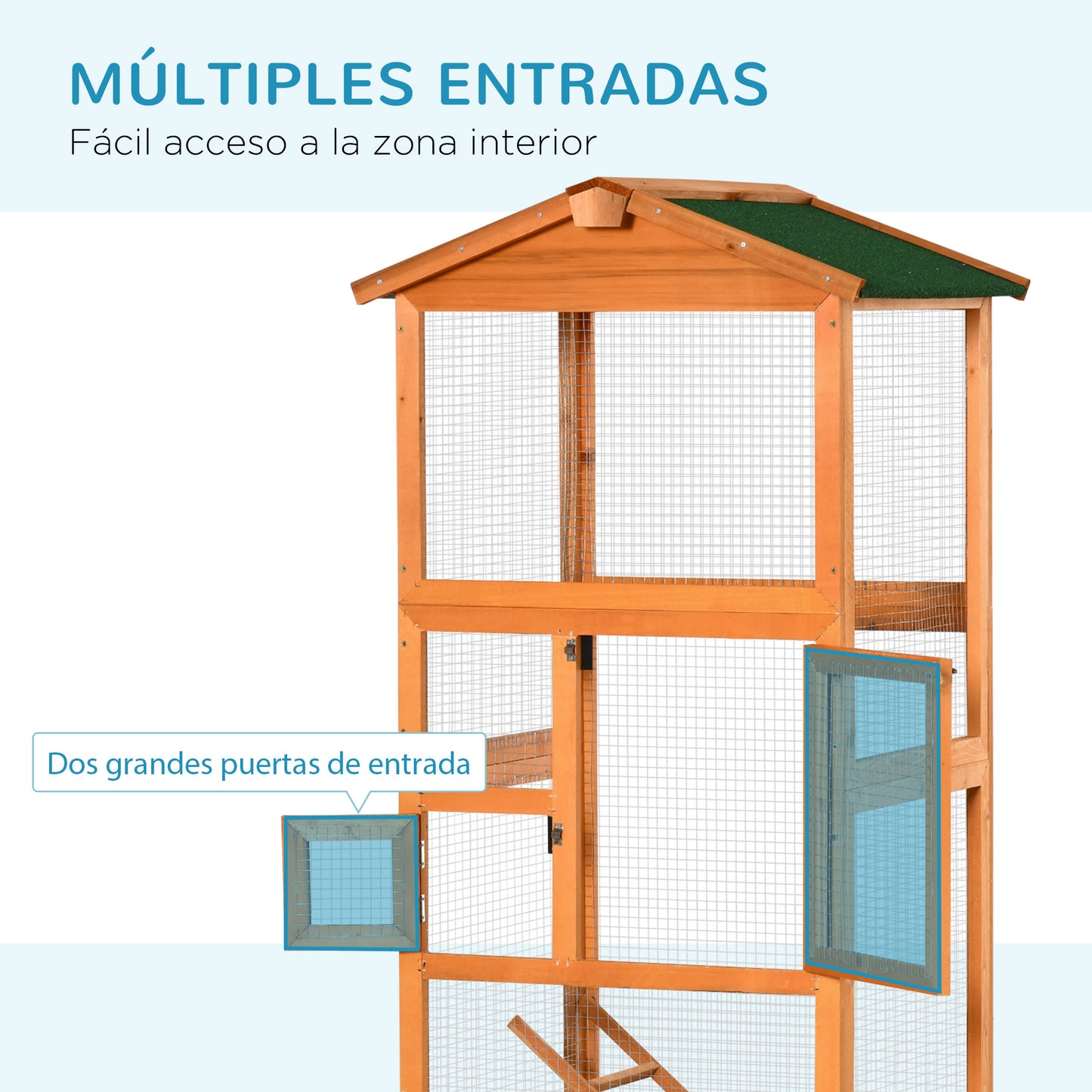 PawHut Jaula para Pájaros Grande 68x63x165 cm Pajarera de Madera de Abeto con 2 Puertas Bandeja Extraíble y Techo Asfáltico Madera