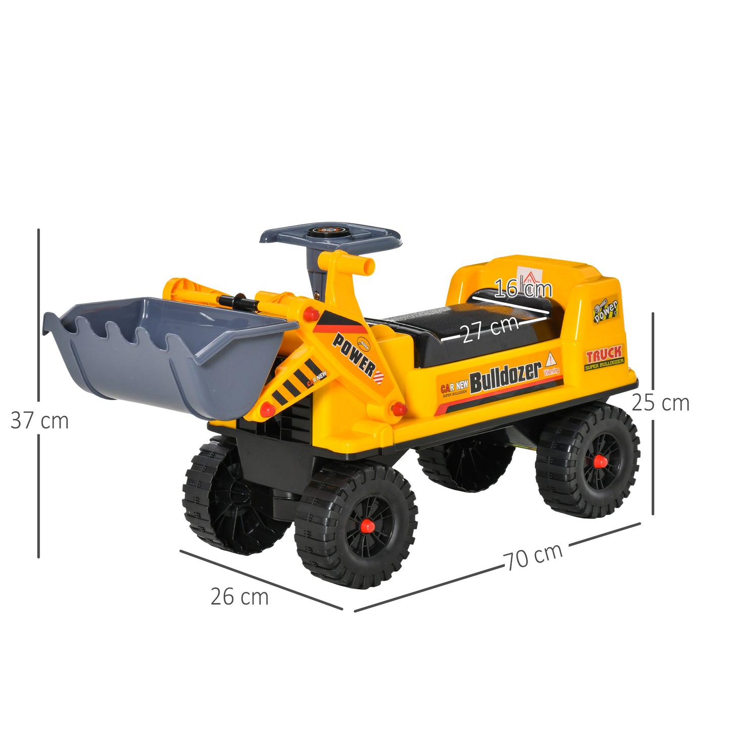 HOMCOM Camion Correpasillos Tractor sin Pedales para Niños de 2-3 Años con Pala Excavadora Espacio de Almacenaje Oculto y Bocina 70x26x37 cm Amarillo