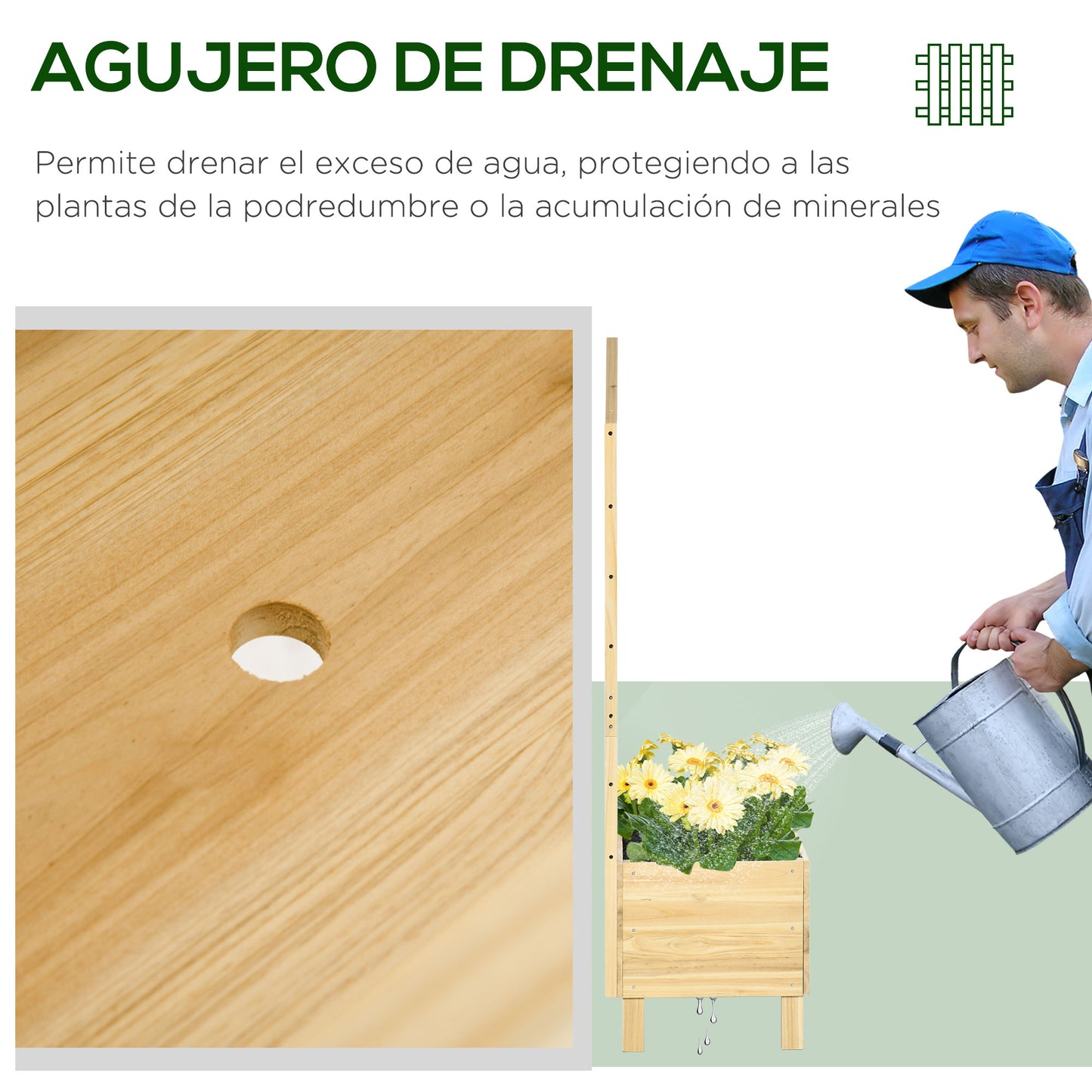 Outsunny Jardinera de Madera con Enrejado Jardinera con Celosía Arriate de Jardín con Tela no Tejida y 2 Orificios de Drenaje para Cultivos Verduras Flores en Exterior 60x43x147 cm Natural