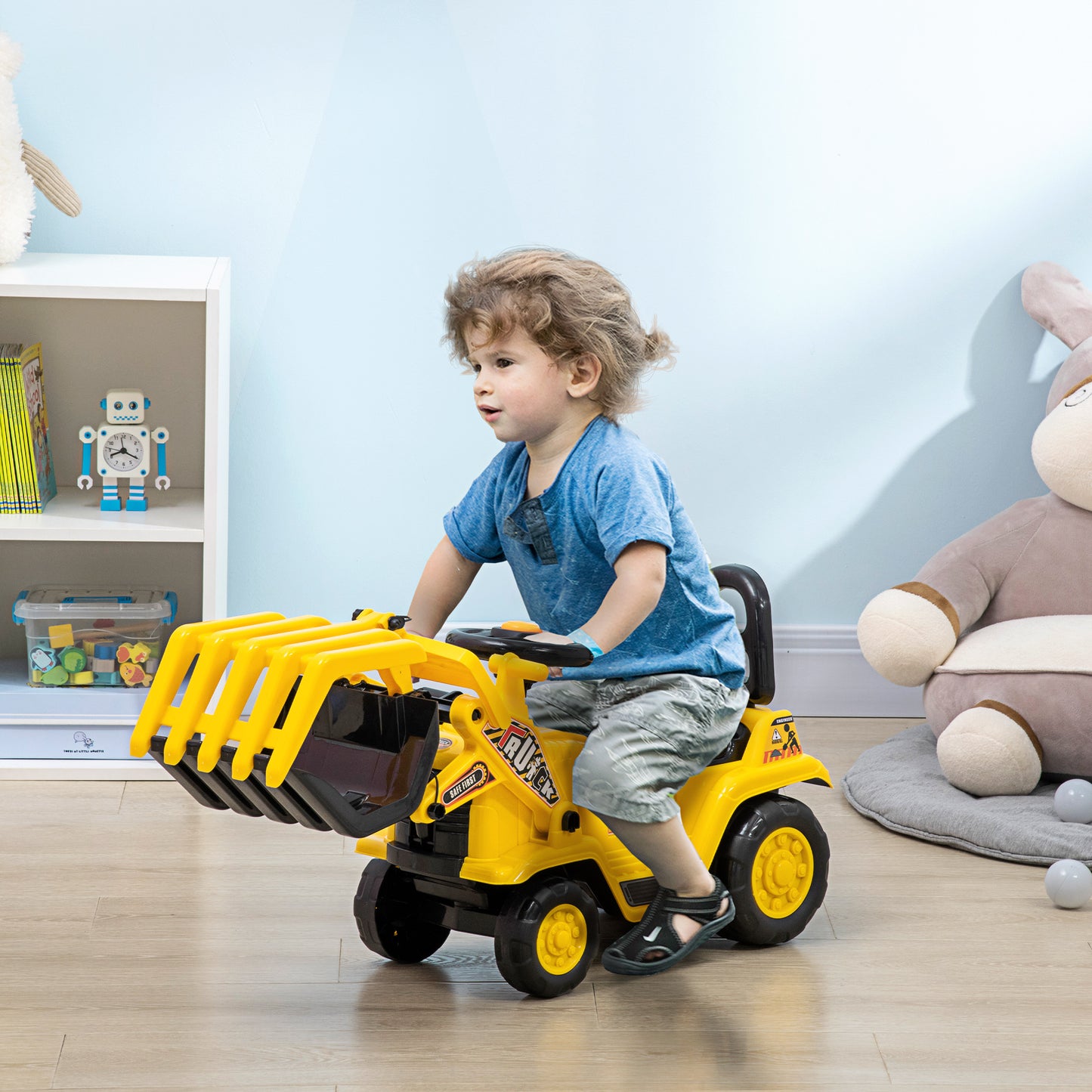 HOMCOM Tractor sin Pedales para Niños de +3 Años Excavadora Correpasillos Tractor Correpasillos con Pala Móvil Asiento de Almacenamiento y Bocina Carga 30 kg 83x27x39 cm Amarillo