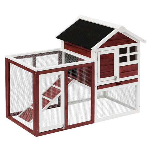 PawHut Conejera de Madera Exterior de 2 Niveles Jaula para Conejos Mascotas Pequeñas con Zona Abierta Techo Asfáltico Bandeja Extraíble y Rampa 122x62,6x92 cm Marrón