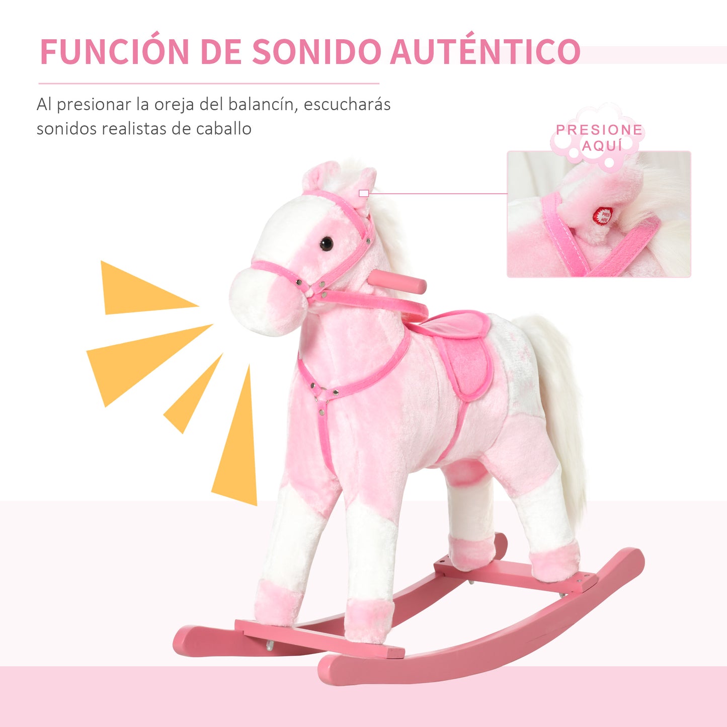 HOMCOM Caballito Balancín de Felpa Suave para Niños de 3-6 Años con Sonidos de Relincho 74x28x65 cm Rosa