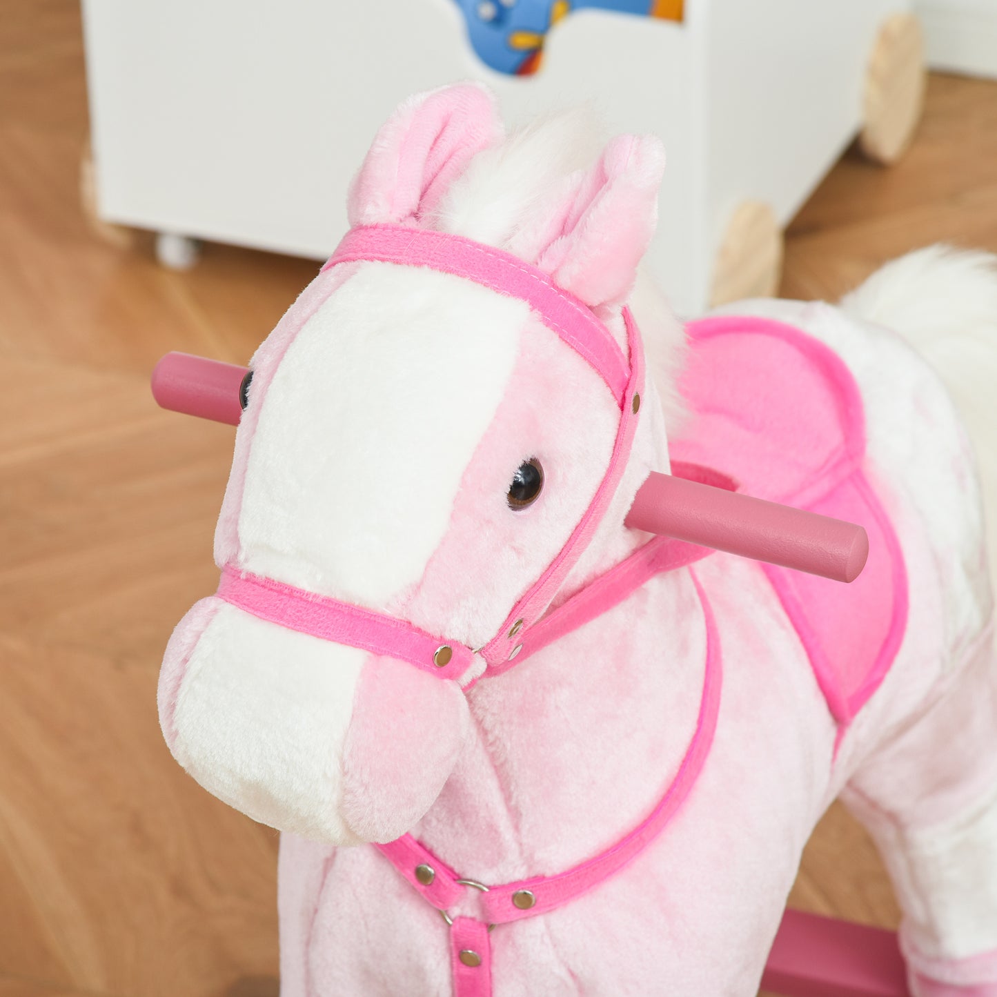 HOMCOM Caballito Balancín de Felpa Suave para Niños de 3-6 Años con Sonidos de Relincho 74x28x65 cm Rosa