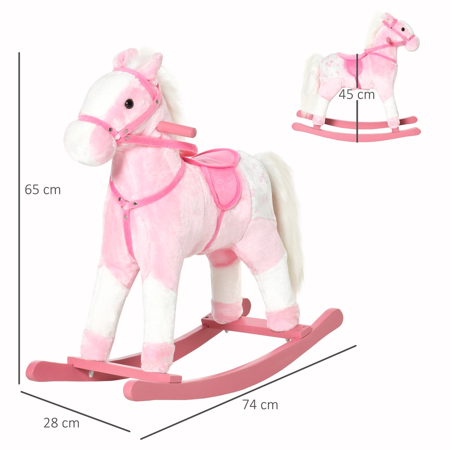 HOMCOM Caballito Balancín de Felpa Suave para Niños de 3-6 Años con Sonidos de Relincho 74x28x65 cm Rosa