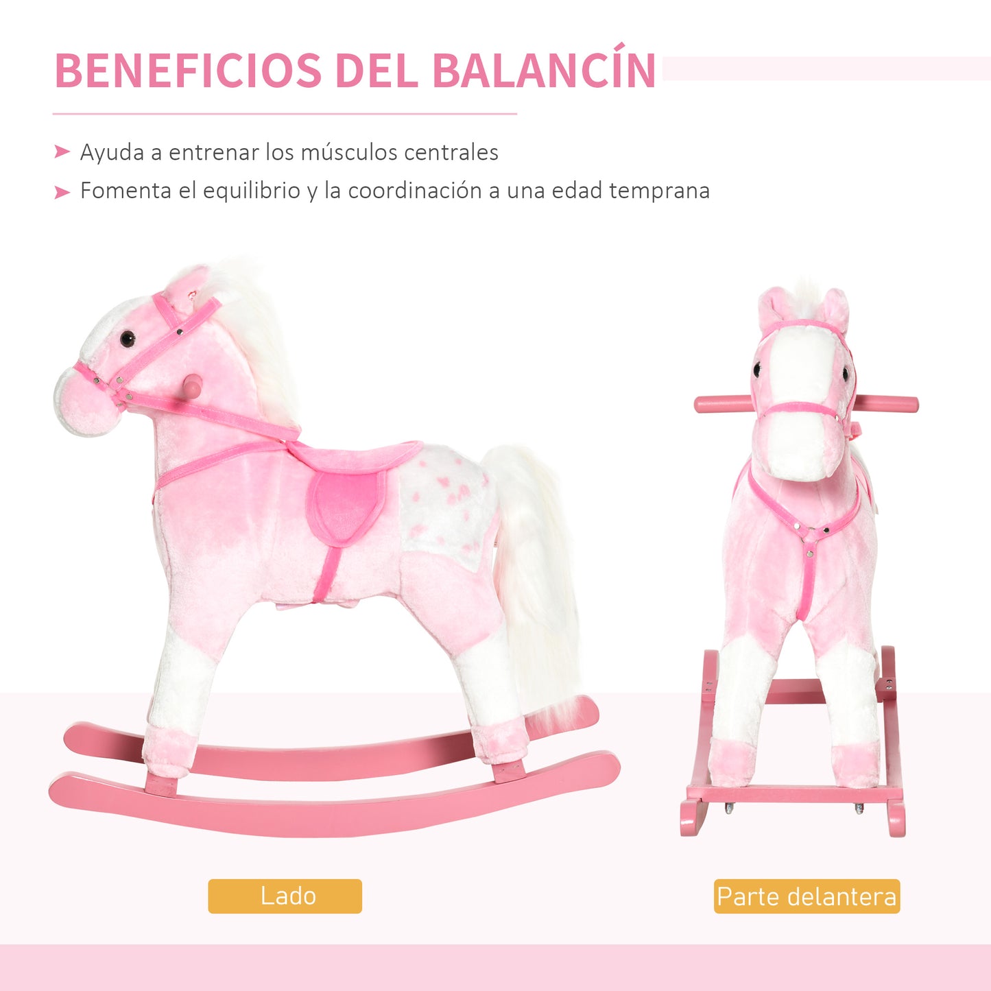 HOMCOM Caballito Balancín de Felpa Suave para Niños de 3-6 Años con Sonidos de Relincho 74x28x65 cm Rosa