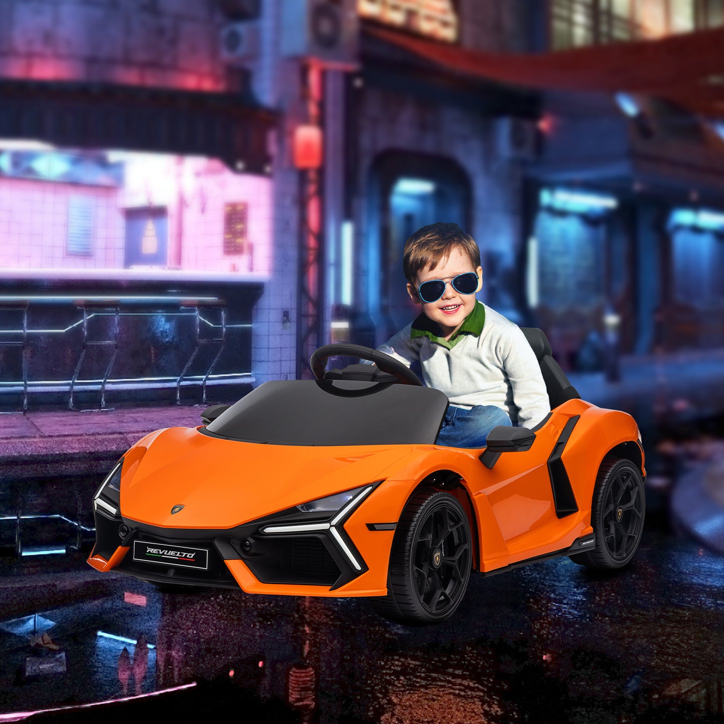 AIYAPLAY Coche Eléctrico para Niños de +3 Años Lamborghini Revuelto Carro Eléctrico Infantil con Batería 12V Mando a Distancia Faros LED Bocina Música y Ruedas Auxiliares Naranja