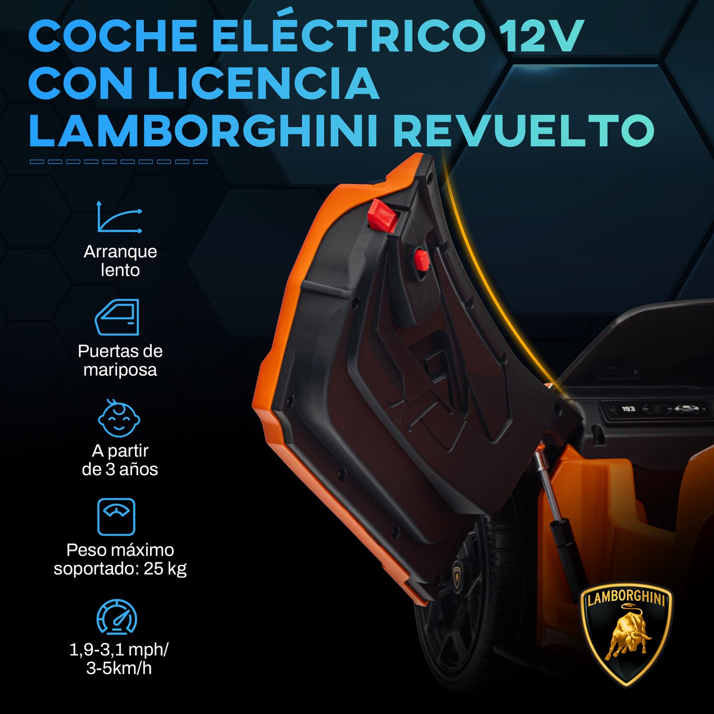 AIYAPLAY Coche Eléctrico para Niños de +3 Años Lamborghini Revuelto Carro Eléctrico Infantil con Batería 12V Mando a Distancia Faros LED Bocina Música y Ruedas Auxiliares Naranja