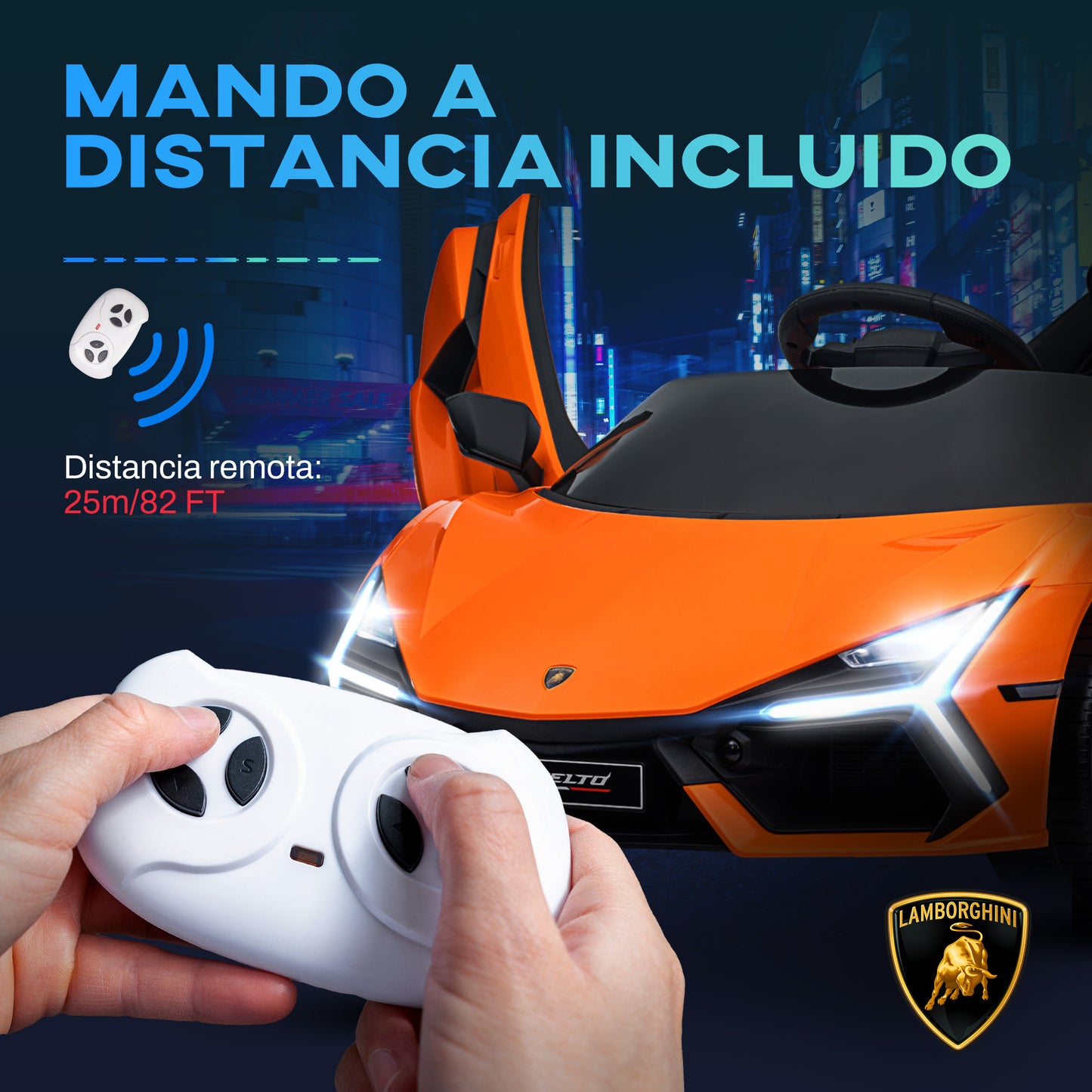 AIYAPLAY Coche Eléctrico para Niños de +3 Años Lamborghini Revuelto Carro Eléctrico Infantil con Batería 12V Mando a Distancia Faros LED Bocina Música y Ruedas Auxiliares Naranja