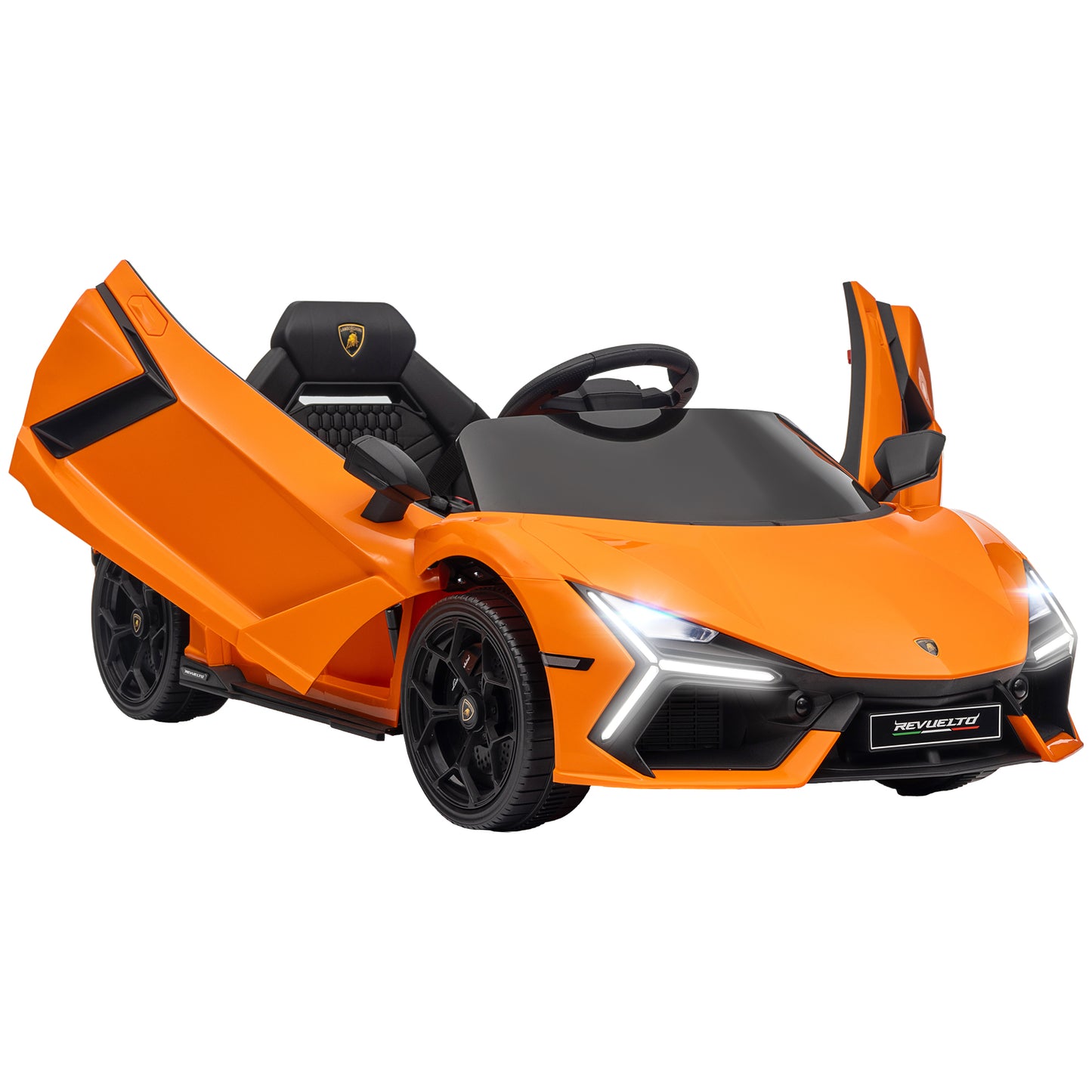 AIYAPLAY Coche Eléctrico para Niños de +3 Años Lamborghini Revuelto Carro Eléctrico Infantil con Batería 12V Mando a Distancia Faros LED Bocina Música y Ruedas Auxiliares Naranja