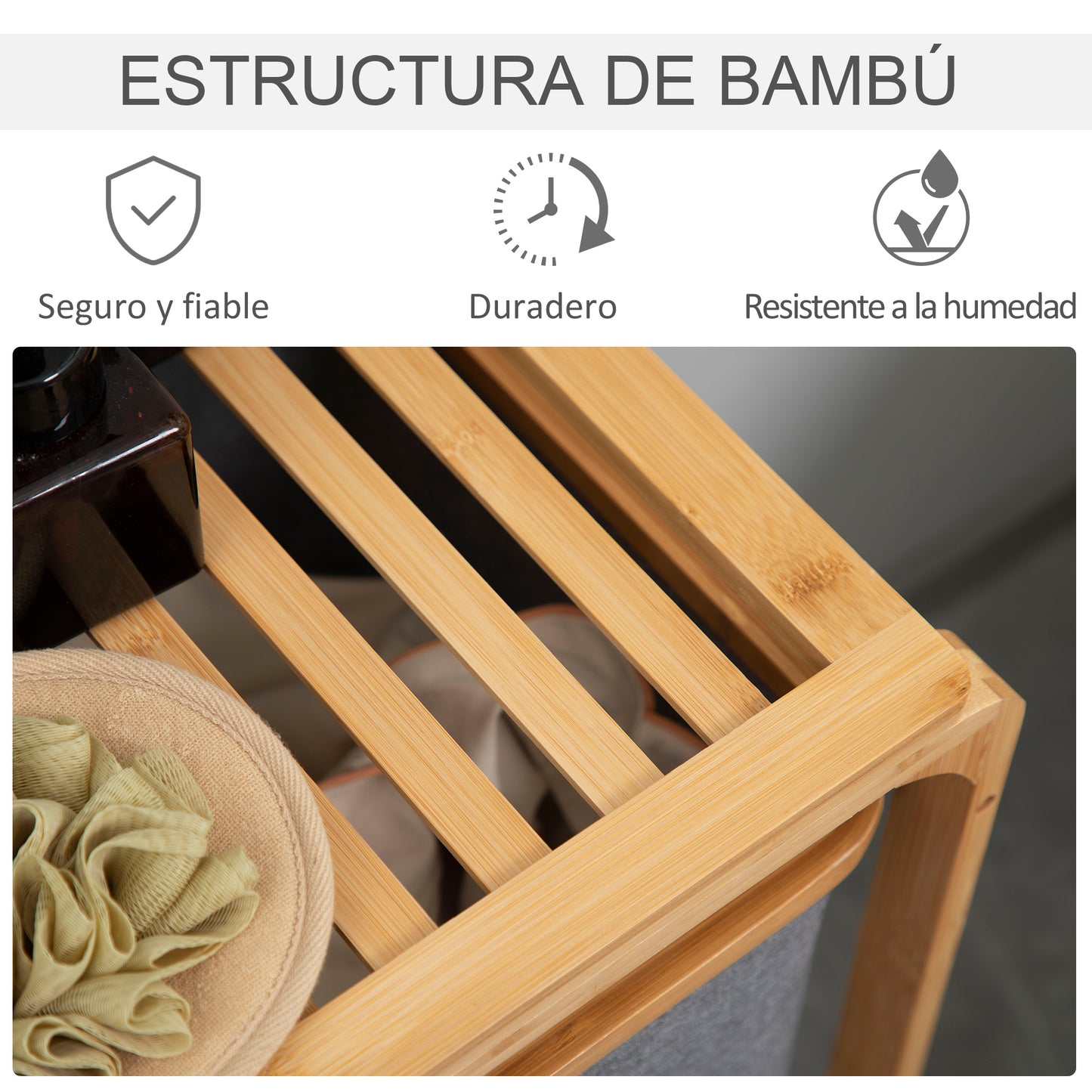 HOMCOM Cesto para Ropa Sucia de Bambú Cesta para la Colada con 3 Bolsas de Tela Extraíbles y Estante Abierto para Baño Dormitorio 50x32x69,7 cm Gris
