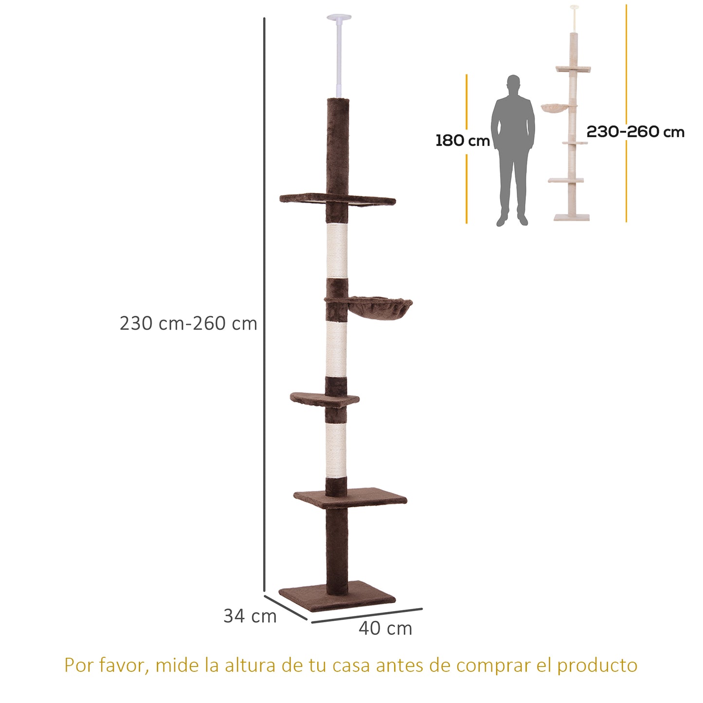 PawHut Árbol para Gatos de Suelo a Techo de 230-260 cm Torre para Gatos con Altura Ajustable Plataformas Hamaca y Postes de Sisal Marrón