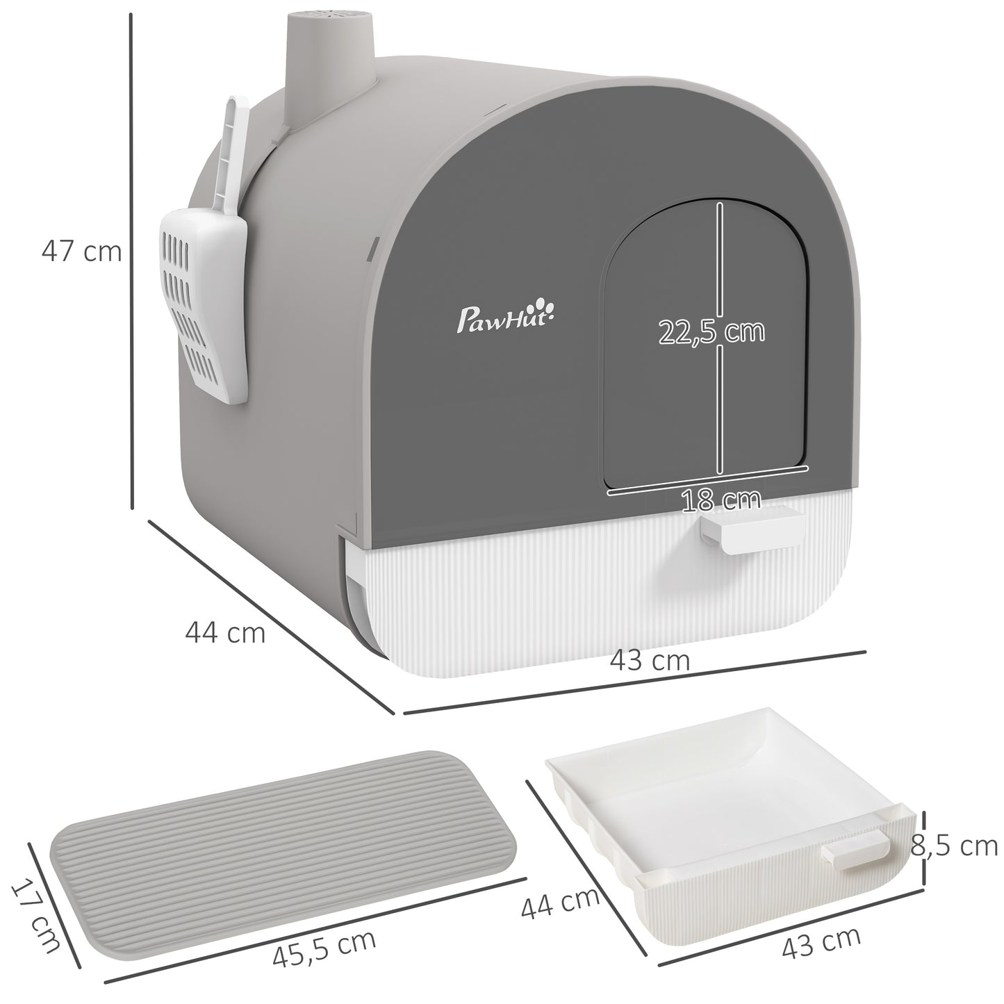 PawHut Caja de Arena para Gatos Arenero Cerrado para Gatos con Puerta Delantera Bandeja Extraíble Pala Alfombra y Filtro 43x44x47 cm Gris