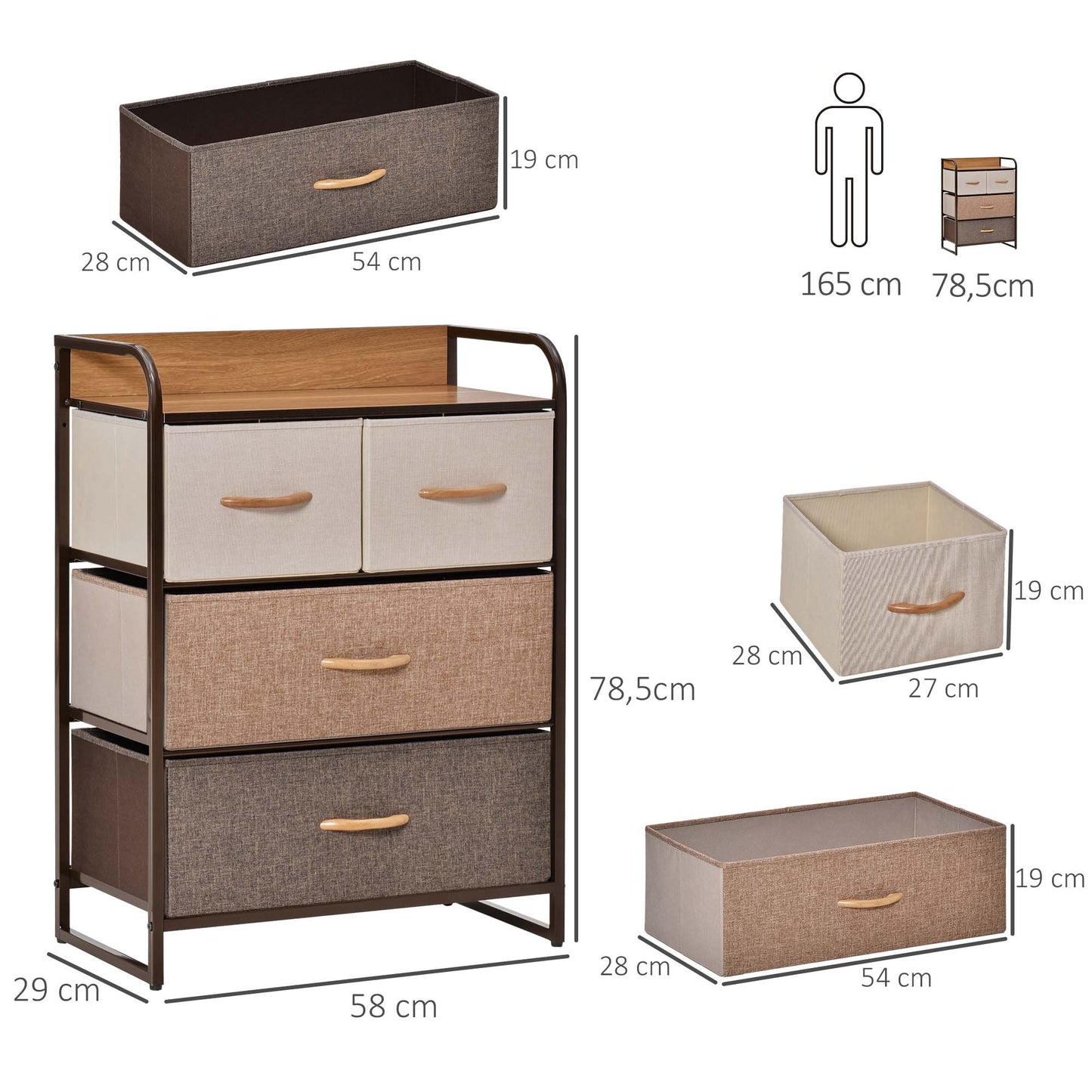 HOMCOM Cajonera de Tela Cómoda para Dormitorio con 4 Cajones Plegables Parte Superior de Madera y Marco Metálico para Sala de Estar 58x29x78,5 cm Multicolor