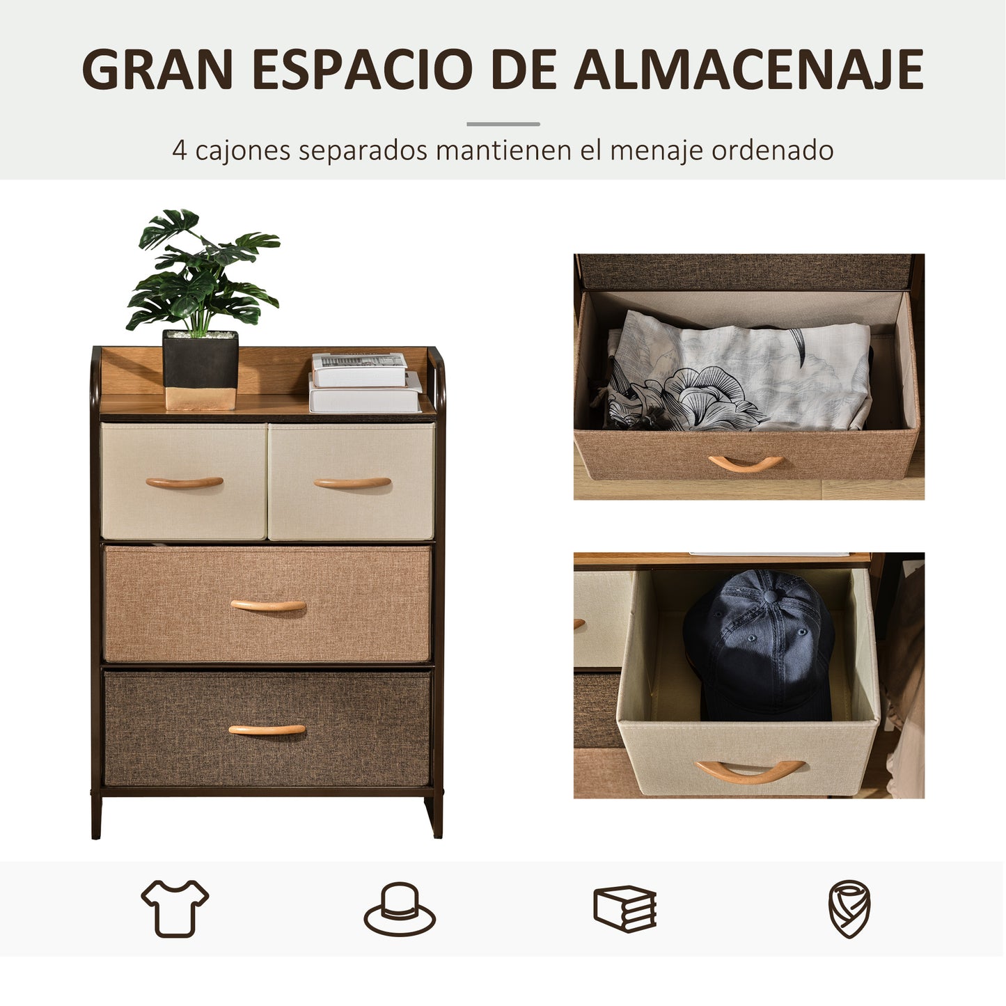 HOMCOM Cajonera de Tela Cómoda para Dormitorio con 4 Cajones Plegables Parte Superior de Madera y Marco Metálico para Sala de Estar 58x29x78,5 cm Multicolor