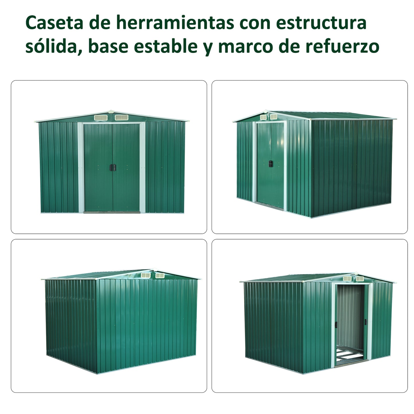 Outsunny Caseta de Jardín Exterior 258x206x178 cm 5,3m² Cobertizo de Jardín Exterior con Puertas Correderas y Ventilaciones para Almacenamiento de Herramientas Jardinería Verde