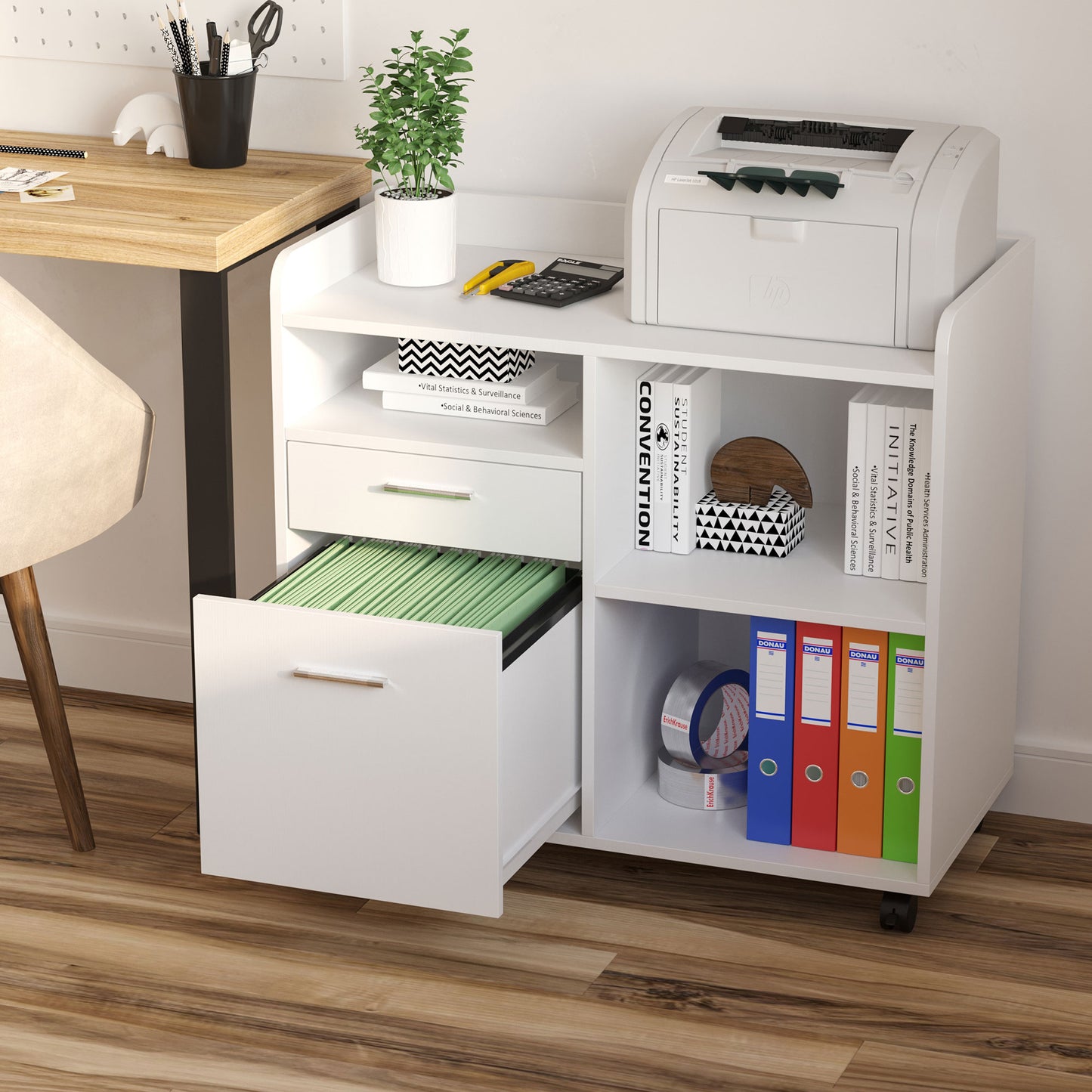 Vinsetto Mueble de Impresora Carro Multifuncional de Oficina con 3 Compartimentos 2 Cajones para Archivos Estante Ajustable Ruedas con 2 Frenos 80x40x72 cm Blanco