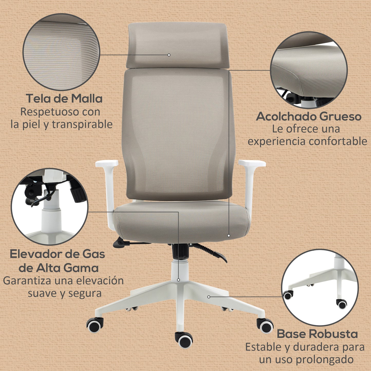 Vinsetto Conjunto de Oficina Incluye 1 Silla de Oficina Reclinable con Ruedas y Altura Ajustable 64x61x120,9-128,9 cm y 1 Alfombra Protectora de Suelo 90x120 cm Gris y Transparente