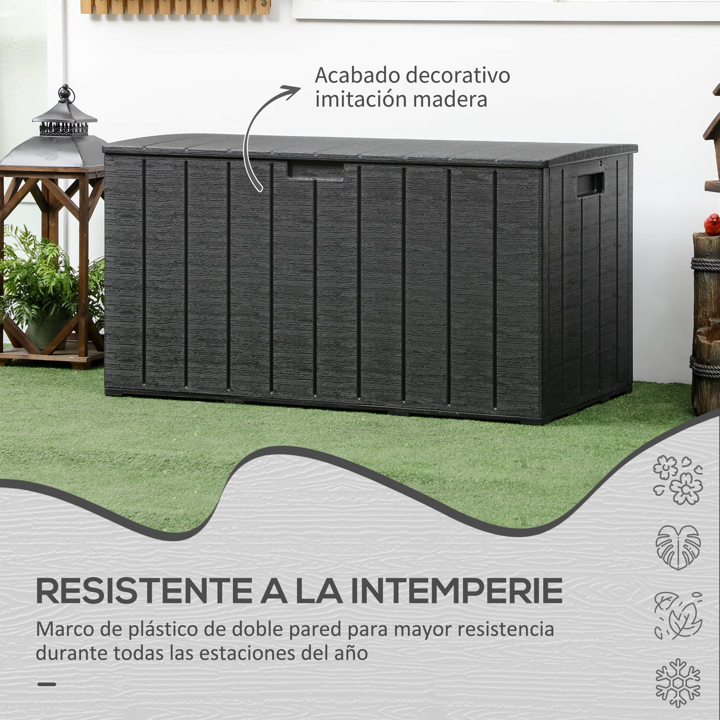 Outsunny Baúl de Almacenamiento Exterior 366L Arcón para Jardín de Plástico de Doble Pared con Ruedas y Asas para Terraza Patio Carga 100 kg 122,4x62x64,5 cm Negro