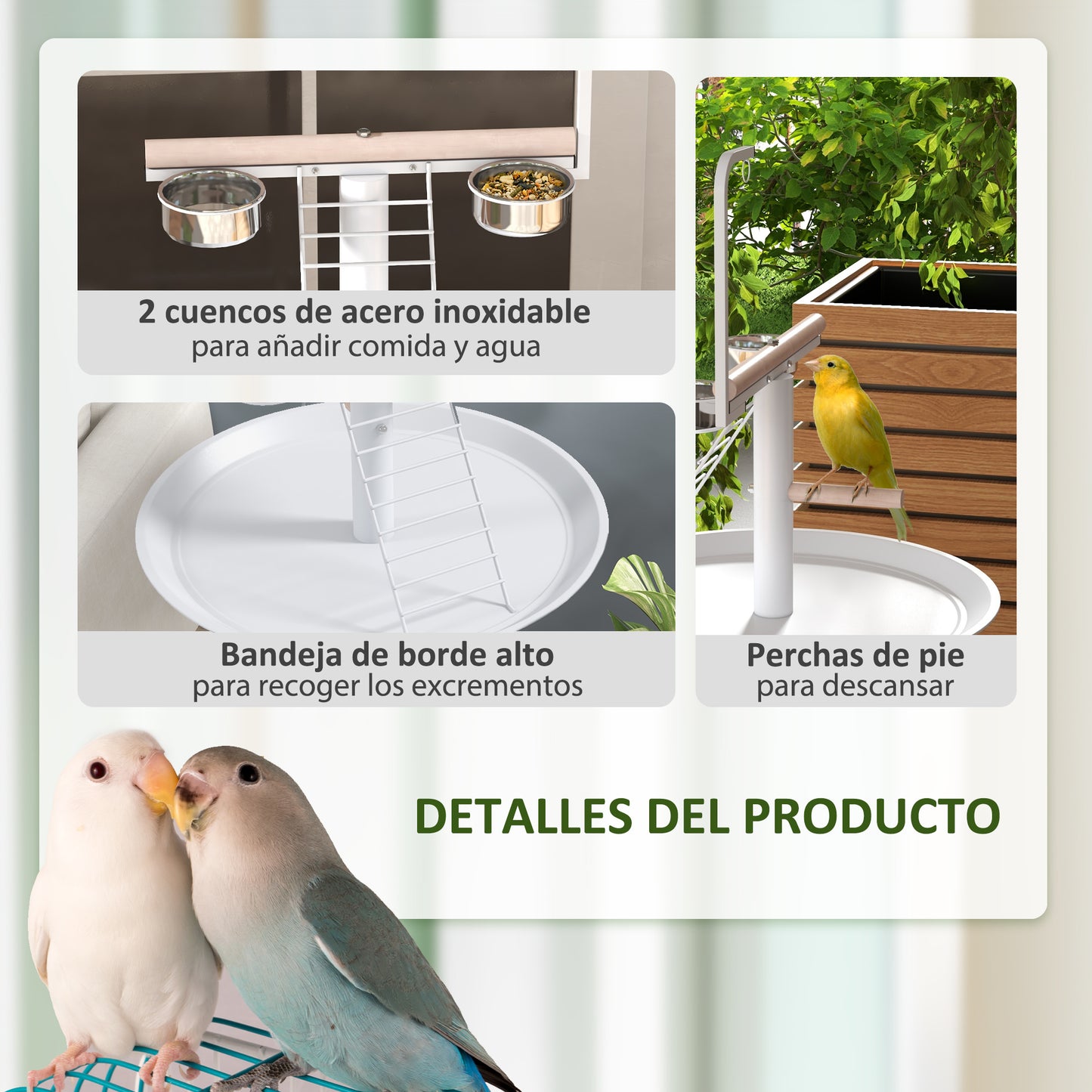 PawHut Comedero de Pájaros para Exterior con Ruedas Ø60x138 cm Comedero para Pájaros de Pie con 2 Cuenco de Acero Inoxidable y 2 Perchas para Jardín Terraza Blanco