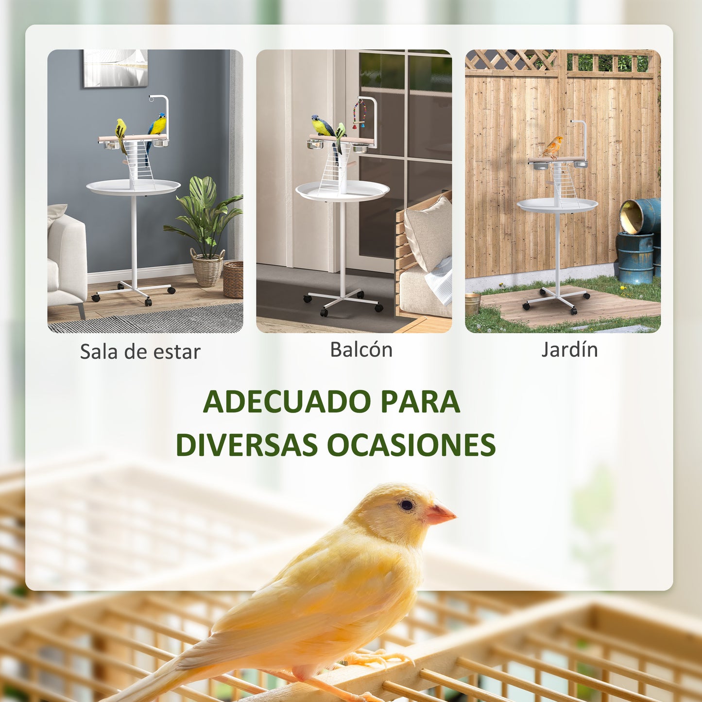 PawHut Comedero de Pájaros para Exterior con Ruedas Ø60x138 cm Comedero para Pájaros de Pie con 2 Cuenco de Acero Inoxidable y 2 Perchas para Jardín Terraza Blanco