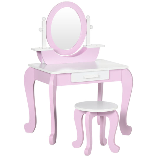 ZONEKIZ Tocador para Niñas con Taburete y Espejo Tocador Infantil de Madera con Cajón Centro de Belleza Mesa de Maquillaje para Niñas de 3-6 Años 65,5x46x93 cm Rosa