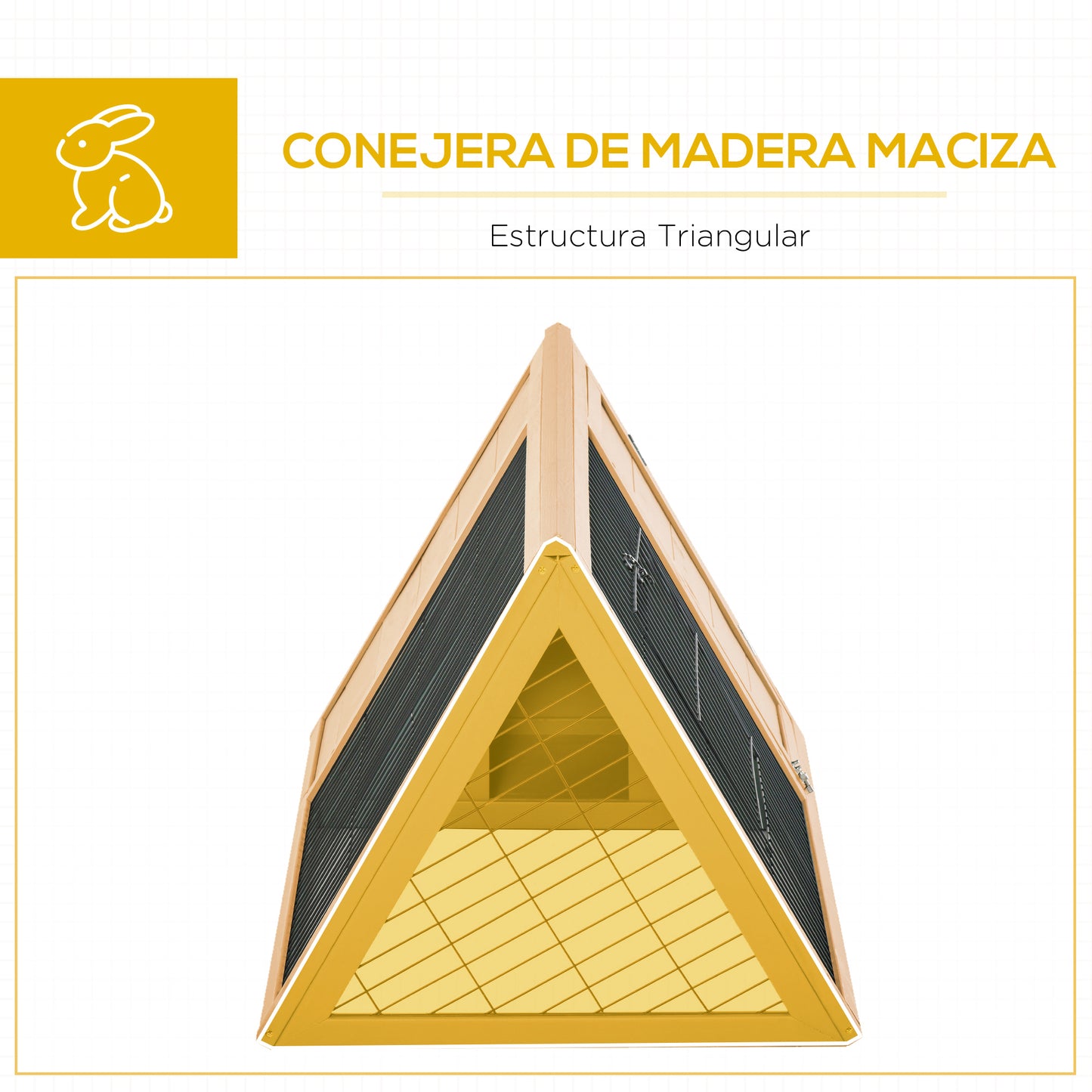 PawHut Conejera de Madera 116x62,2x52,5 cm Jaula para Conejos en Forma de Triangular con Puertas y Rejilla Metálica Madera Natural