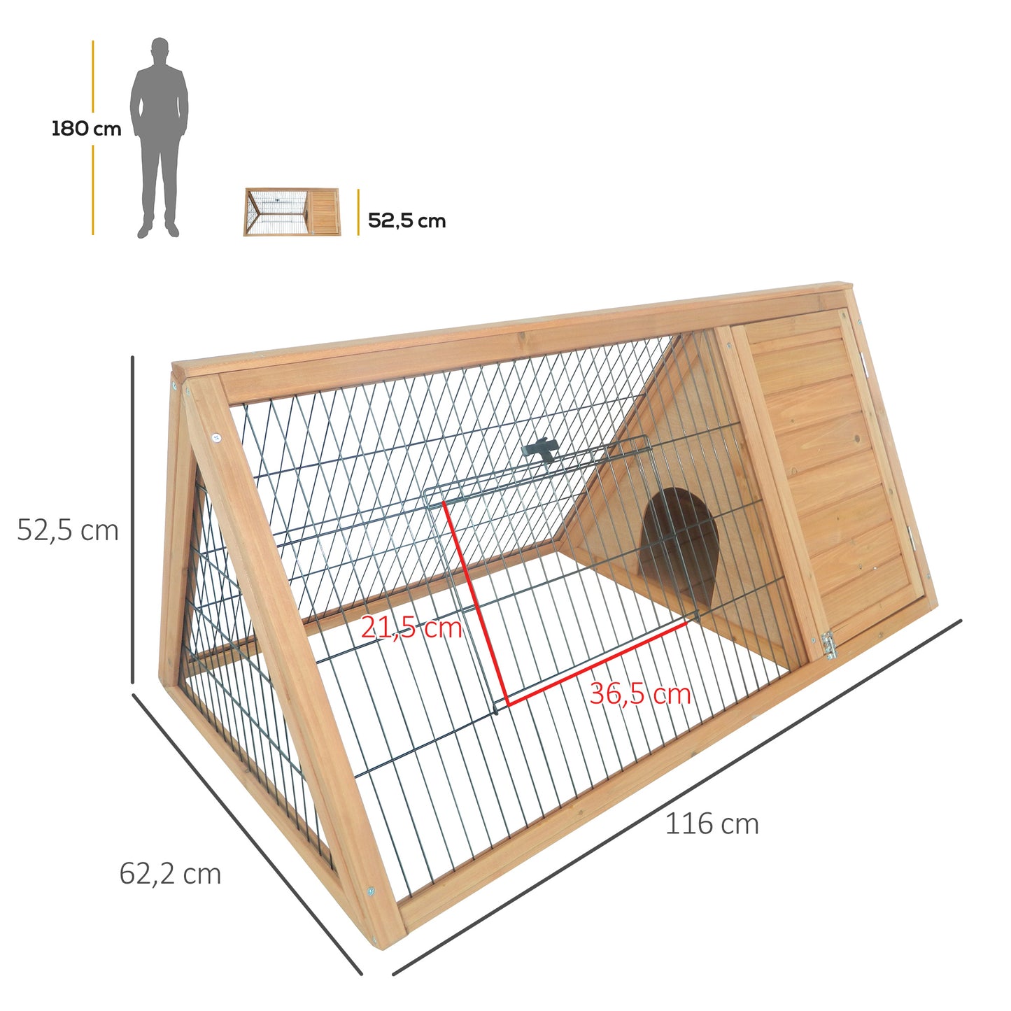 PawHut Conejera de Madera 116x62,2x52,5 cm Jaula para Conejos en Forma de Triangular con Puertas y Rejilla Metálica Madera Natural