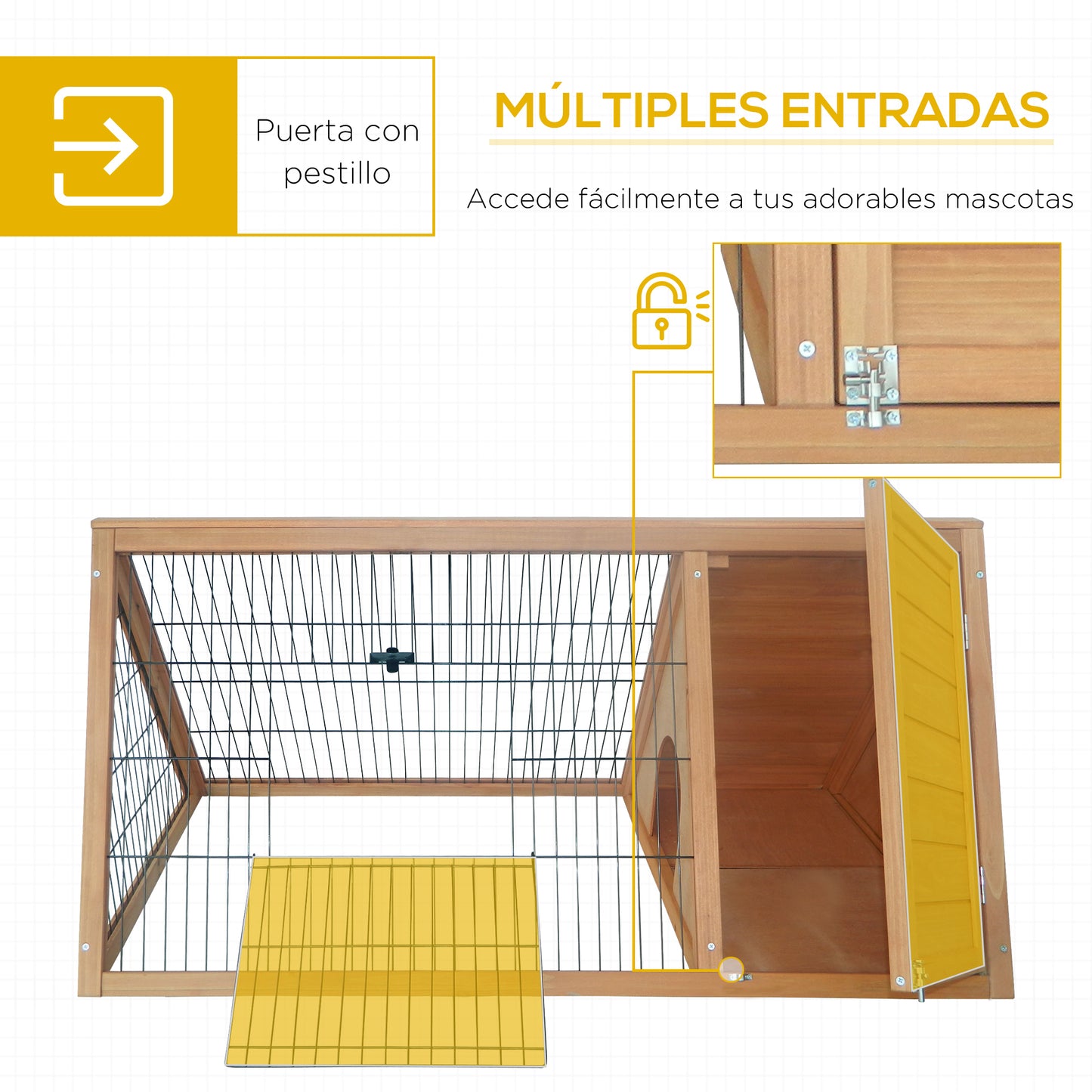 PawHut Conejera de Madera 116x62,2x52,5 cm Jaula para Conejos en Forma de Triangular con Puertas y Rejilla Metálica Madera Natural