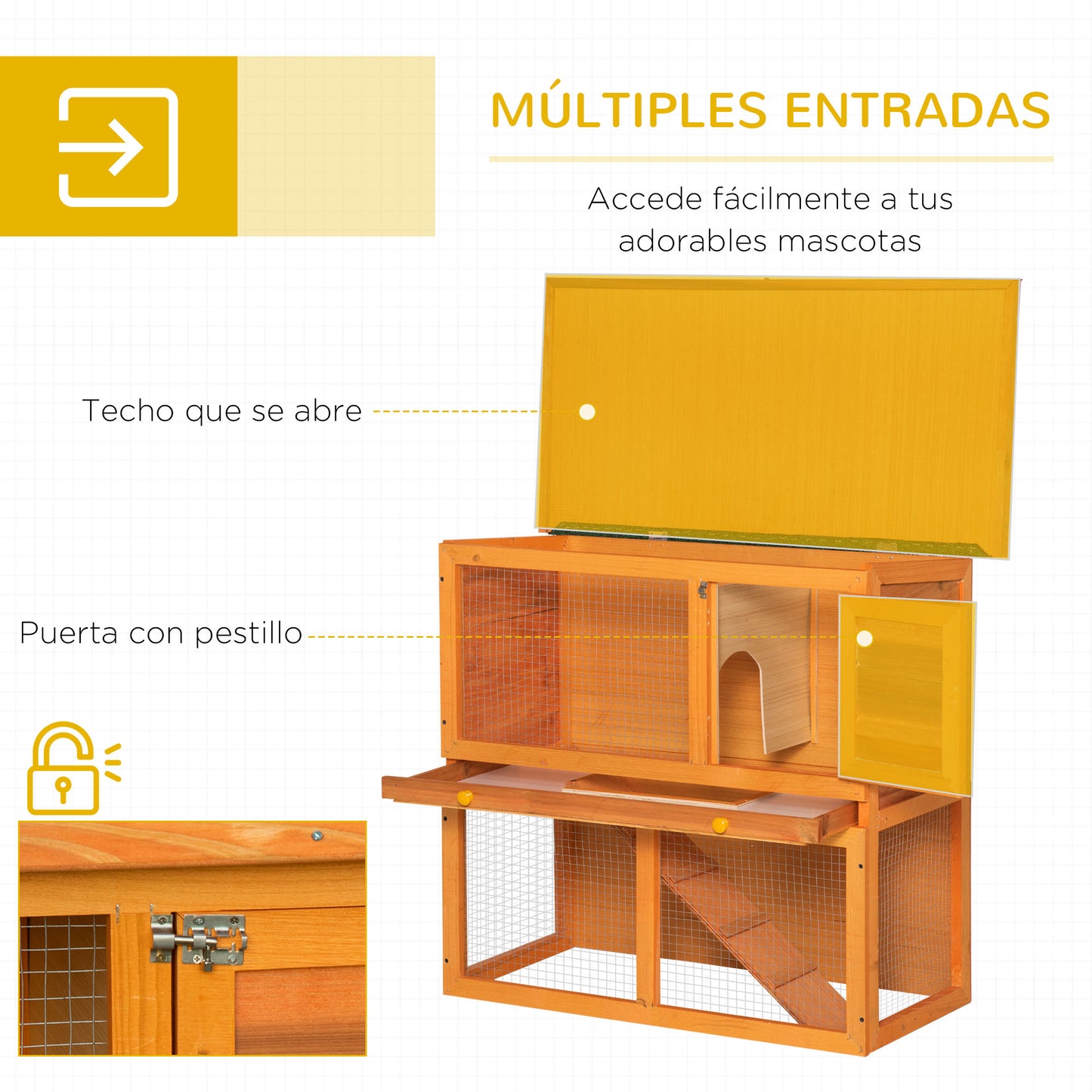 PawHut Conejera de Madera 90x45x80 cm Jaula para Conejos con Corral de Metal Techo Asfáltico Bandeja Extraíble y Rampa Natural