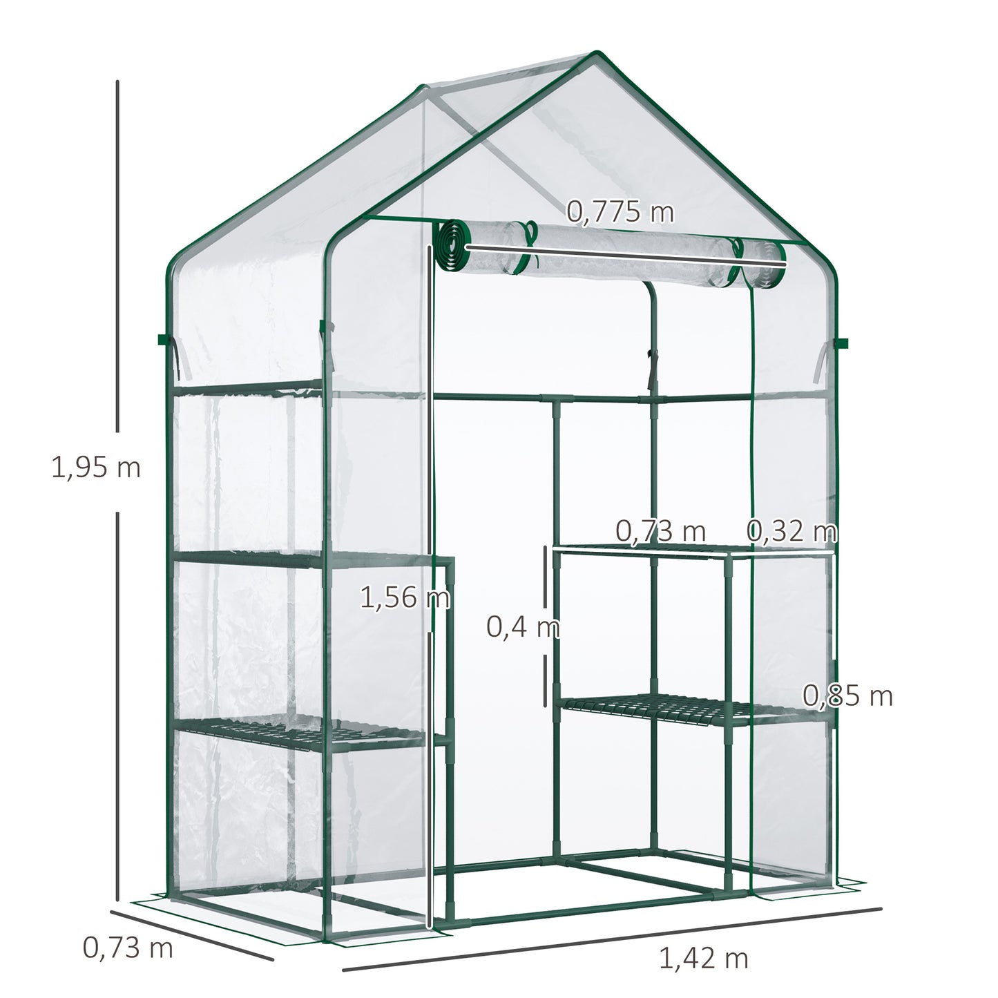 Outsunny Invernadero de Jardín Invernadero de Terraza con 4 Estantes 1 Puerta con Cremallera para Cultivo de Plantas Flores Verduras 142x73x195 cm Verde