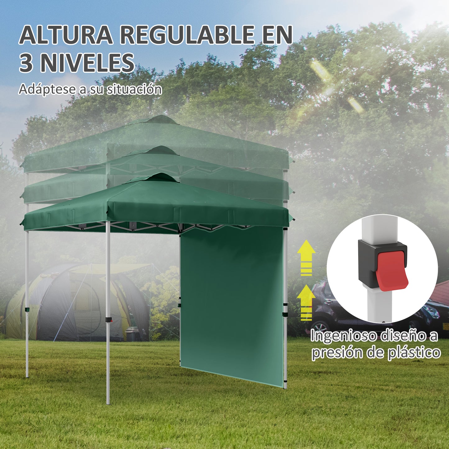 Outsunny Carpa Plegable 2,5x2,5 m Cenador de Jardín con 1 Pared Lateral Altura Ajustable en 3 Niveles Anti-UV Impermeable y Bolsa de Arena Gazebo para Exterior Camping Fiestas Verde