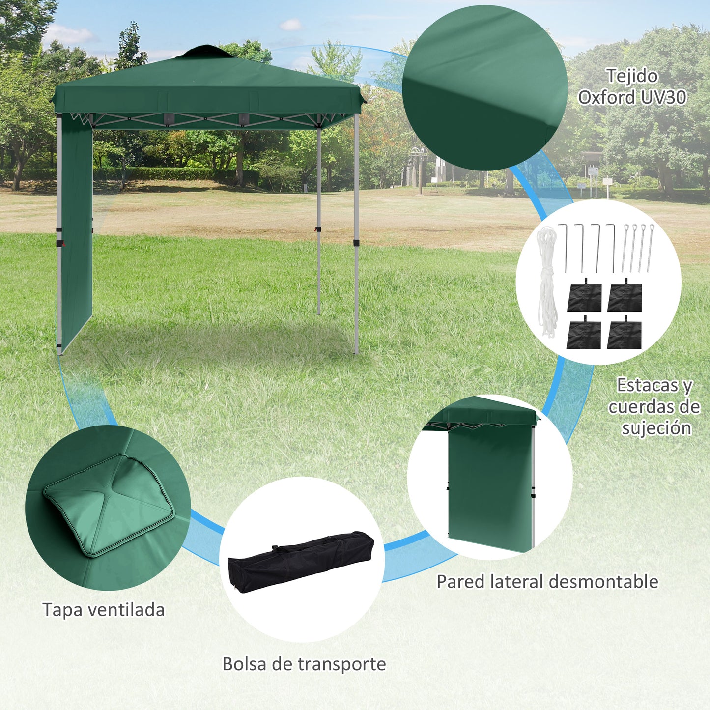 Outsunny Carpa Plegable 2,5x2,5 m Cenador de Jardín con 1 Pared Lateral Altura Ajustable en 3 Niveles Anti-UV Impermeable y Bolsa de Arena Gazebo para Exterior Camping Fiestas Verde