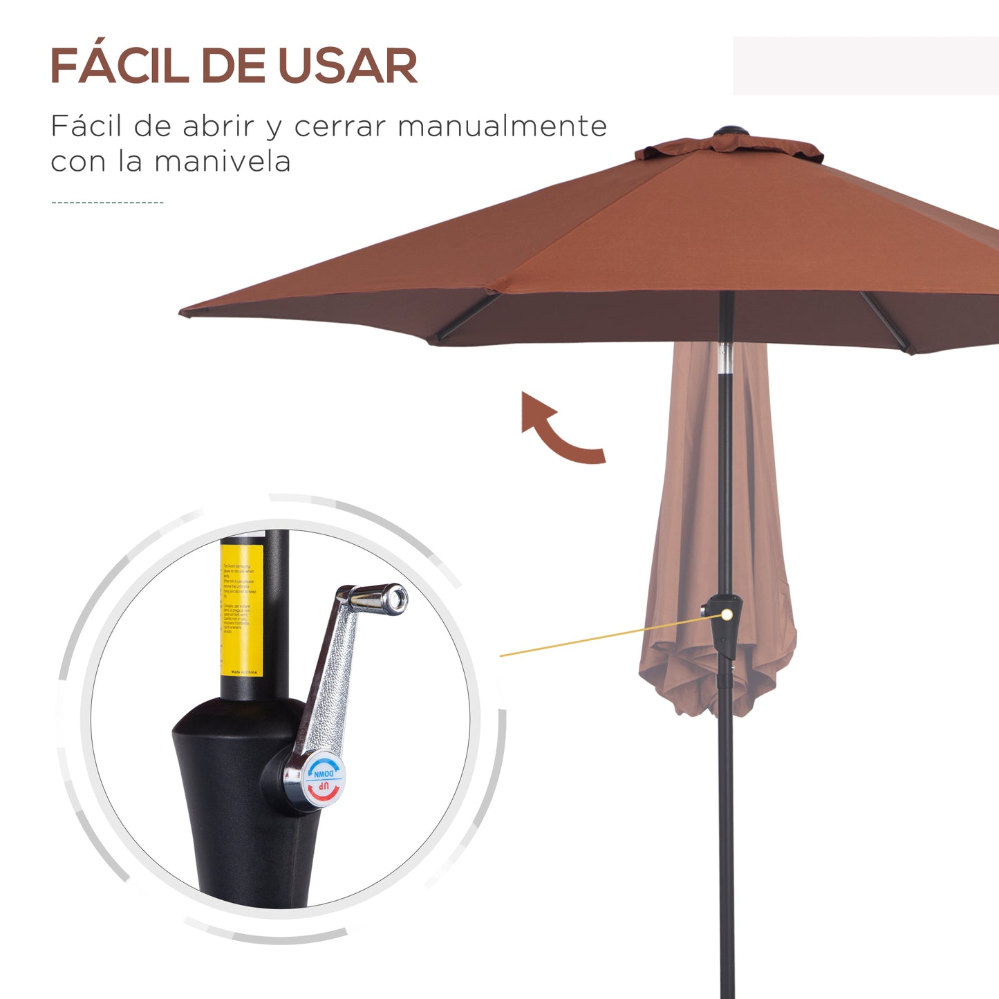 Outsunny Sombrilla para Jardín Ø260x235 cm Parasol de Aluminio Reclinable con Manivela y 6 Varillas de Metal para Terraza Exterior Balcón Café