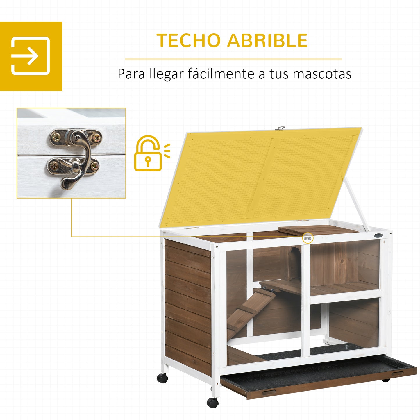 PawHut Conejera de Madera con Ruedas 91,5x53,3x73 cm Jaula para Conejos de 2 Niveles con Techo Abatible Bandeja Extraíble y Rampa Marrón