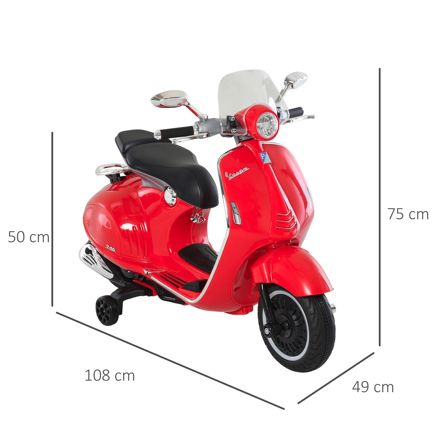 HOMCOM Moto Eléctrica para Niños de 3-6 Años Moto de Batería Autorizada de VESPA con Faros Música 2 Ruedas Auxiliares 108x49x75 cm Rojo