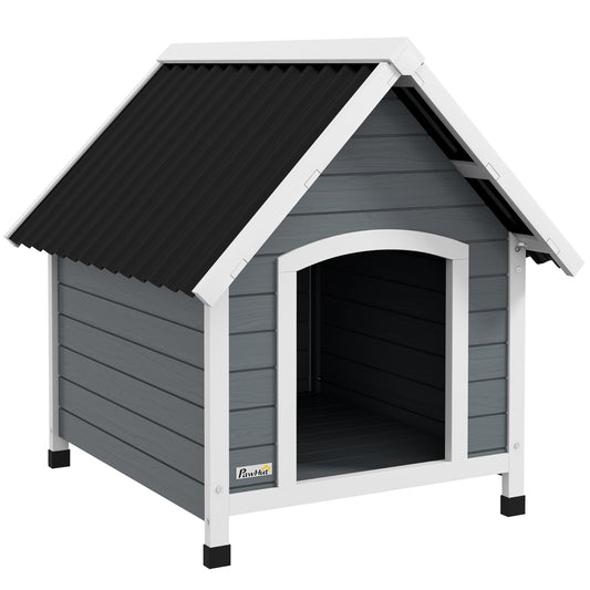 PawHut Caseta para Perros 75x88x82 cm Casa para Perros Medianos con Techo de Tejas de Imitación Base Elevada y Suelo Desmontable para Exterior Gris