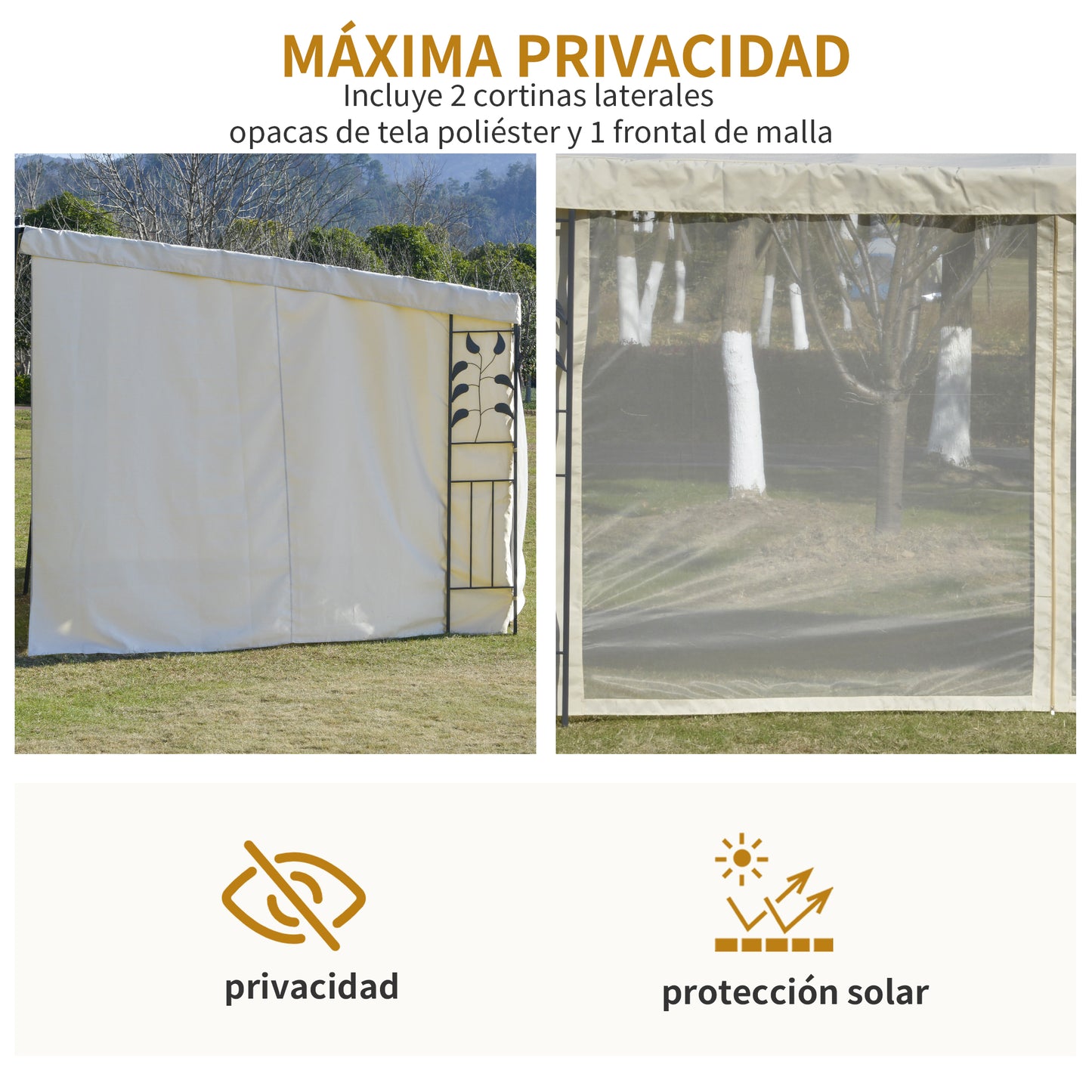 Outsunny Cenador de Jardín 4x3 m Montado en la Pared con Cortinas Laterales Malla con Cremallera 4 Orificios de Drenaje para Exterior Fiestas Eventos Beige