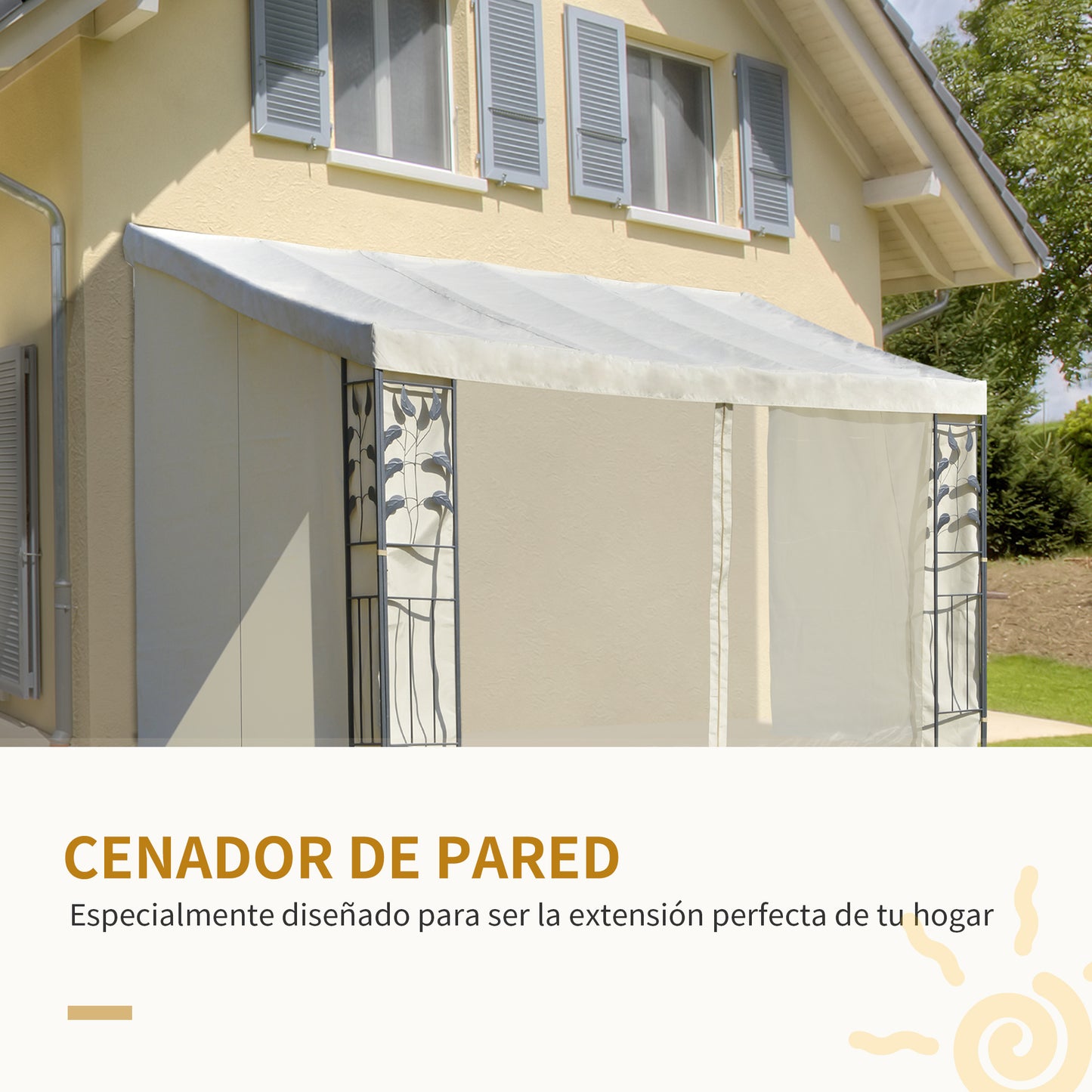 Outsunny Cenador de Jardín 4x3 m Montado en la Pared con Cortinas Laterales Malla con Cremallera 4 Orificios de Drenaje para Exterior Fiestas Eventos Beige