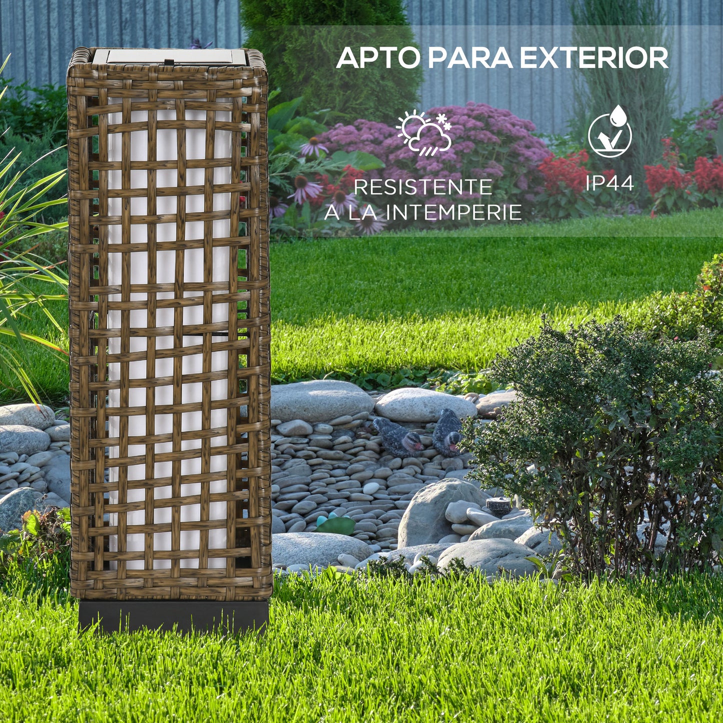 Outsunny Linterna de Jardín de Ratán Sintético Farola Solar con Luces LED Encendido y Apagado Automático para Terraza Balcón Patio 15,5x15,5x46 cm Arena