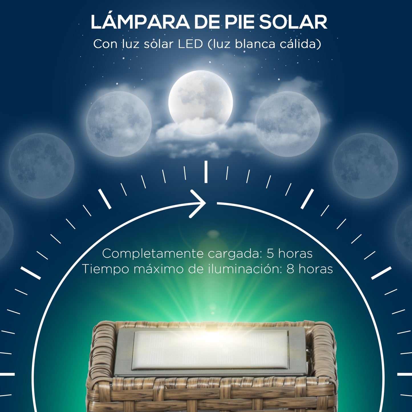 Outsunny Linterna de Jardín de Ratán Sintético Farola Solar con Luces LED Encendido y Apagado Automático para Terraza Balcón Patio 15,5x15,5x46 cm Arena