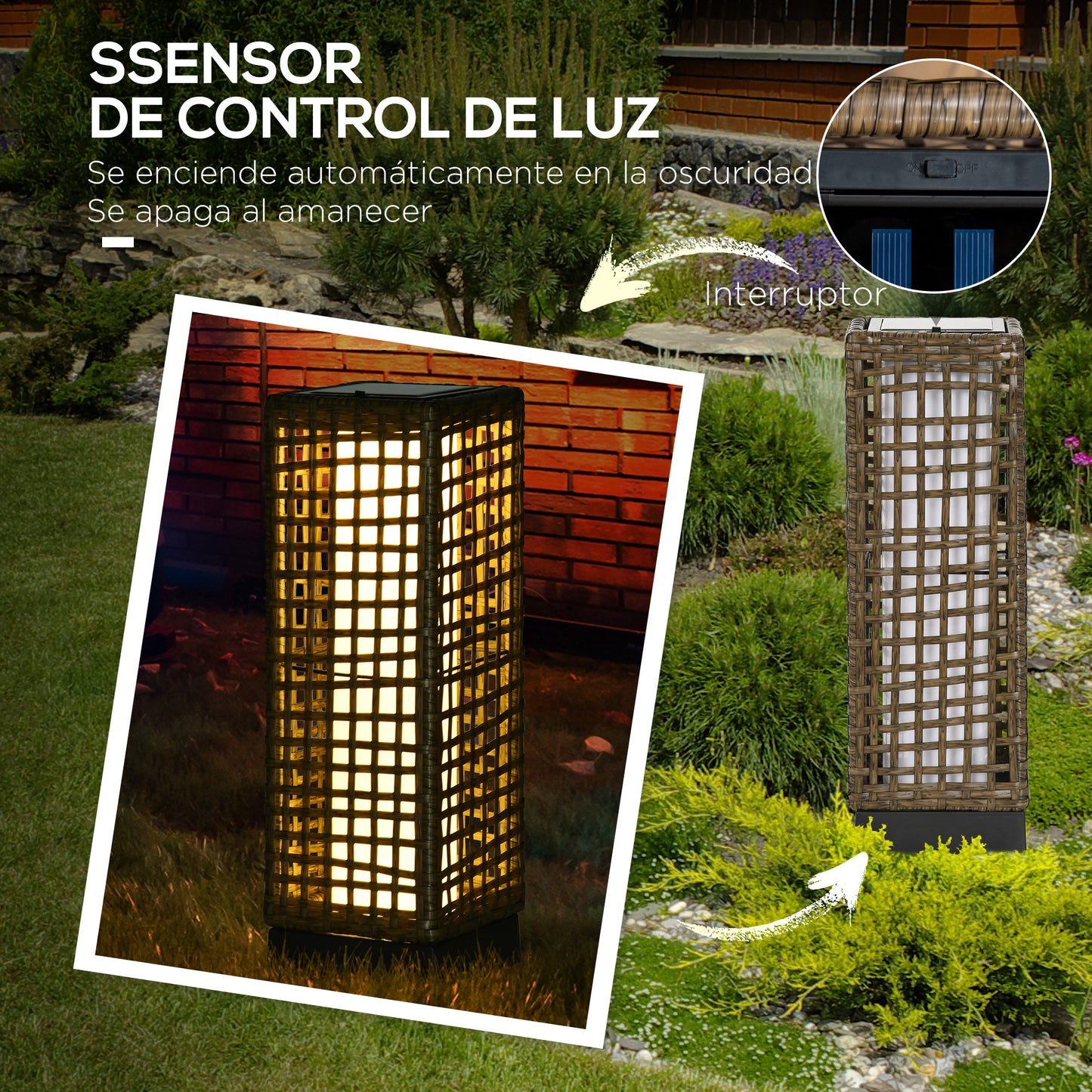Outsunny Linterna de Jardín de Ratán Sintético Farola Solar con Luces LED Encendido y Apagado Automático para Terraza Balcón Patio 15,5x15,5x46 cm Arena