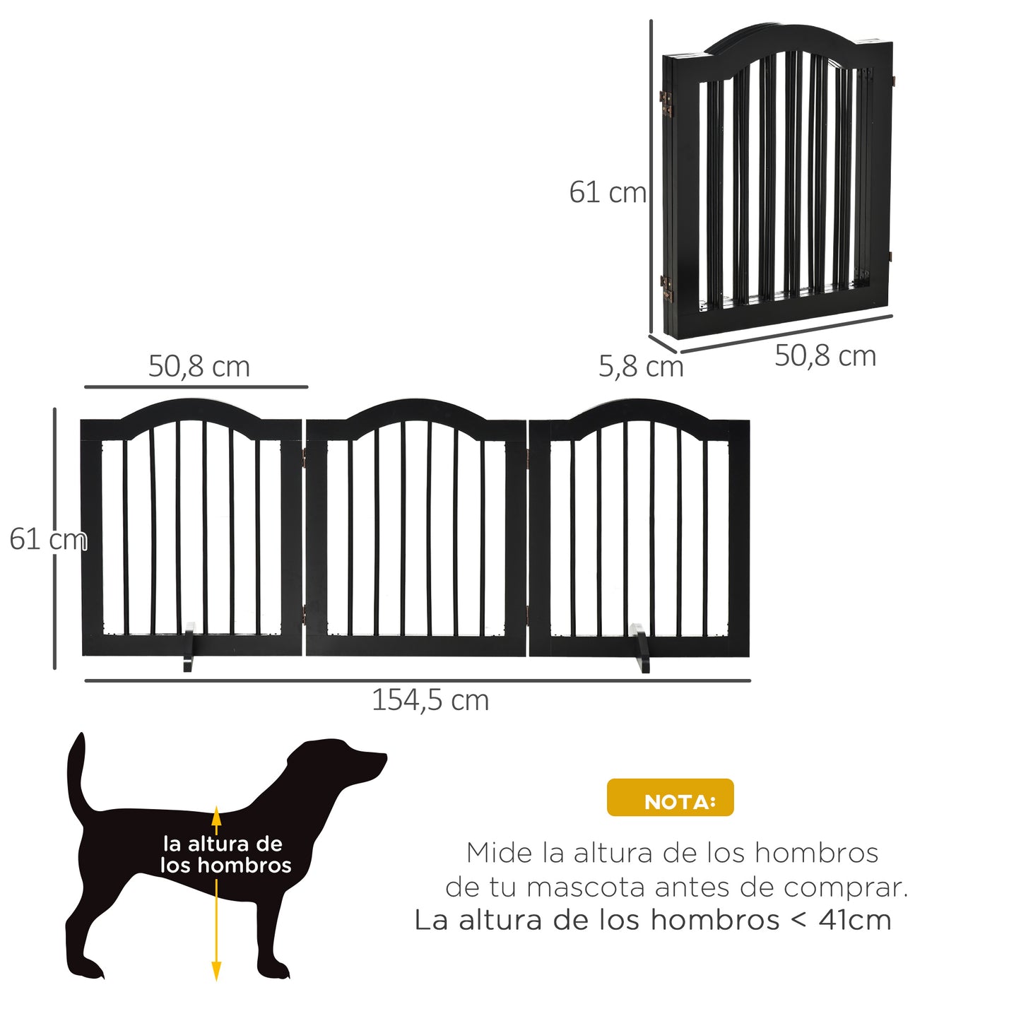 PawHut Barrera de Seguridad para Perros Pequeños Plegable Barrera para Perros en Casa de 3 Paneles con Patas Anchos para Escaleras Pasillos 154,5x29,5x61 cm Negro