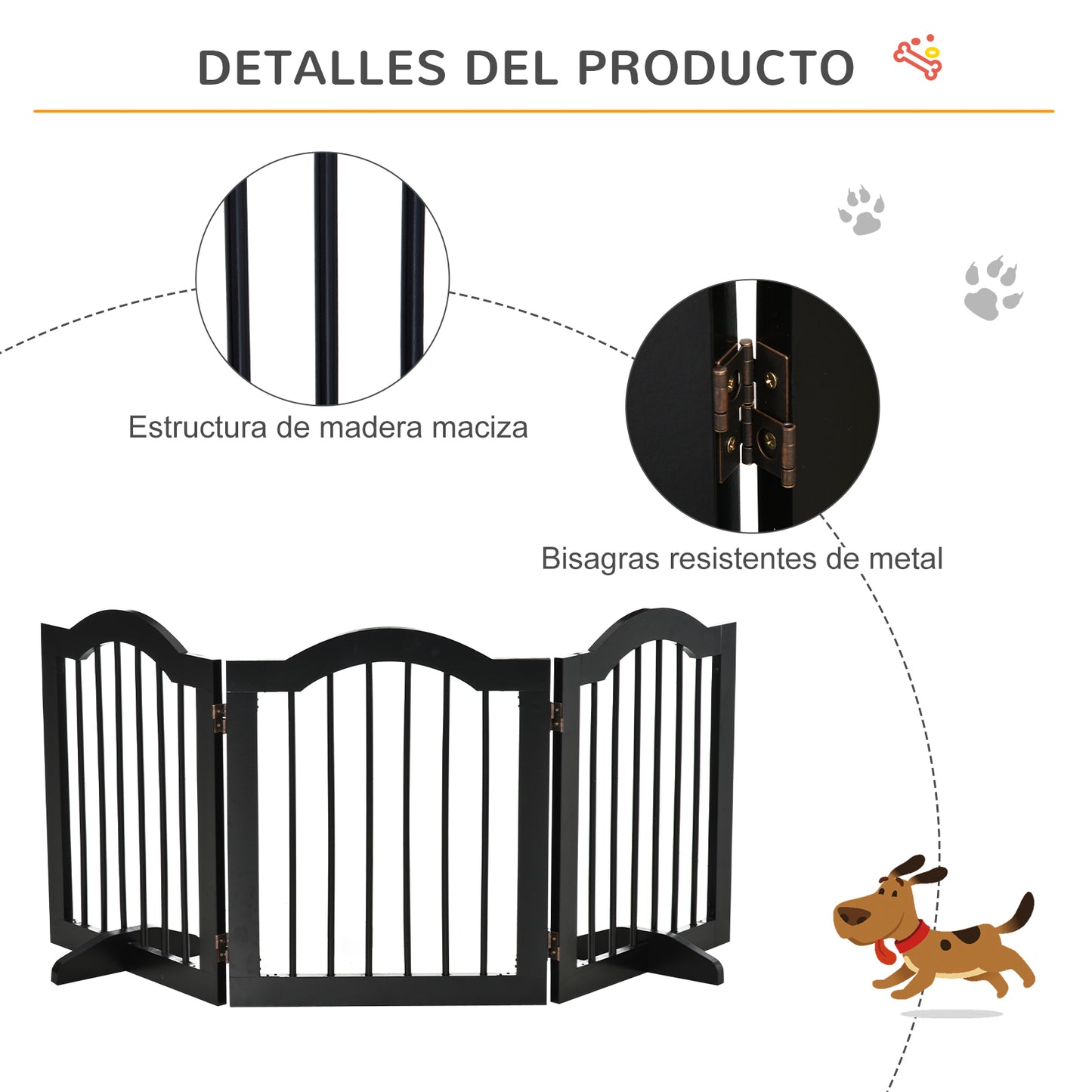 PawHut Barrera de Seguridad para Perros Pequeños Plegable Barrera para Perros en Casa de 3 Paneles con Patas Anchos para Escaleras Pasillos 154,5x29,5x61 cm Negro